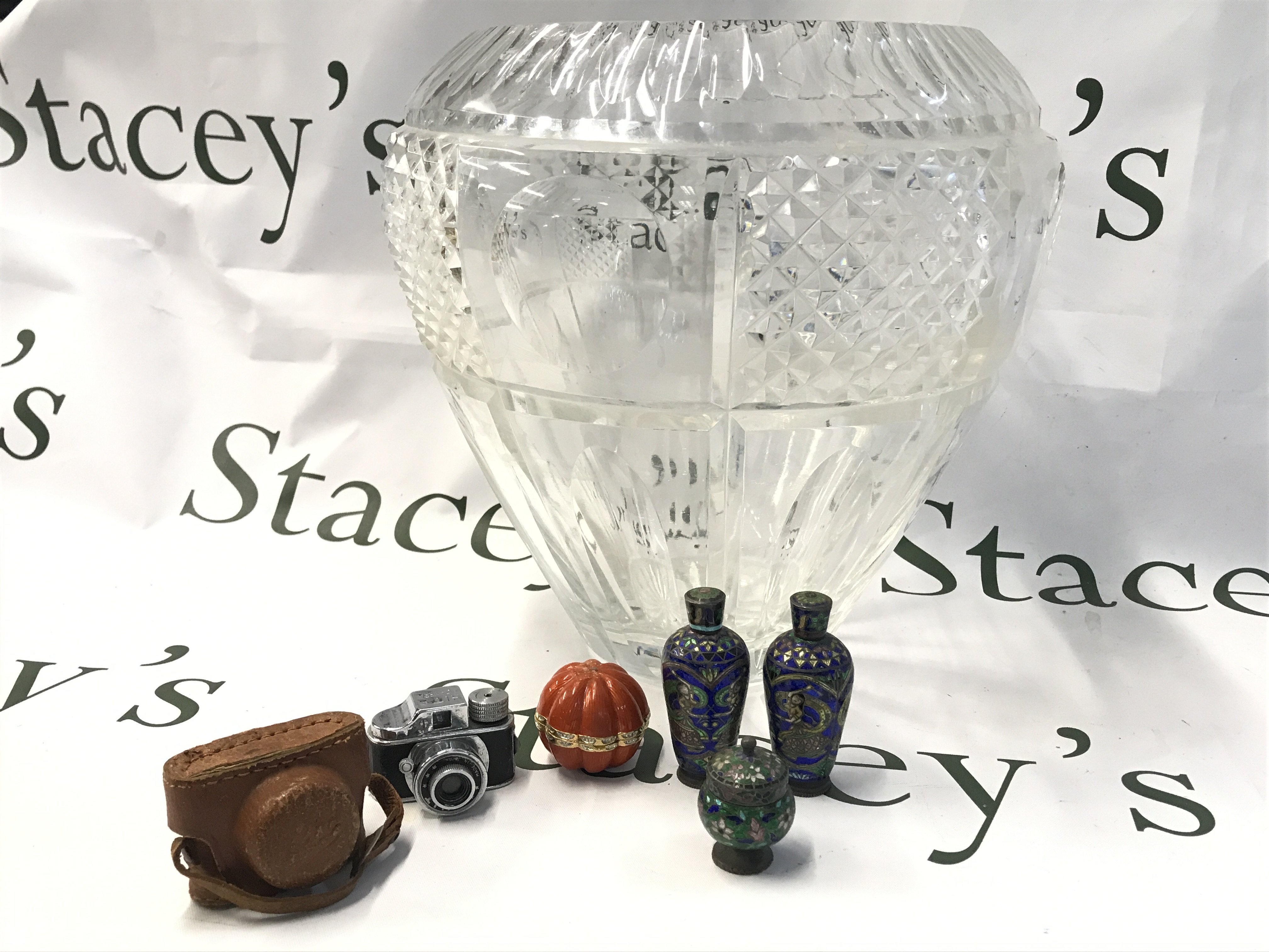 A cut glass vase, small cloisonne style trinket containers, Hit miniature Japanese camera. No reserve This lot cannot be posted .