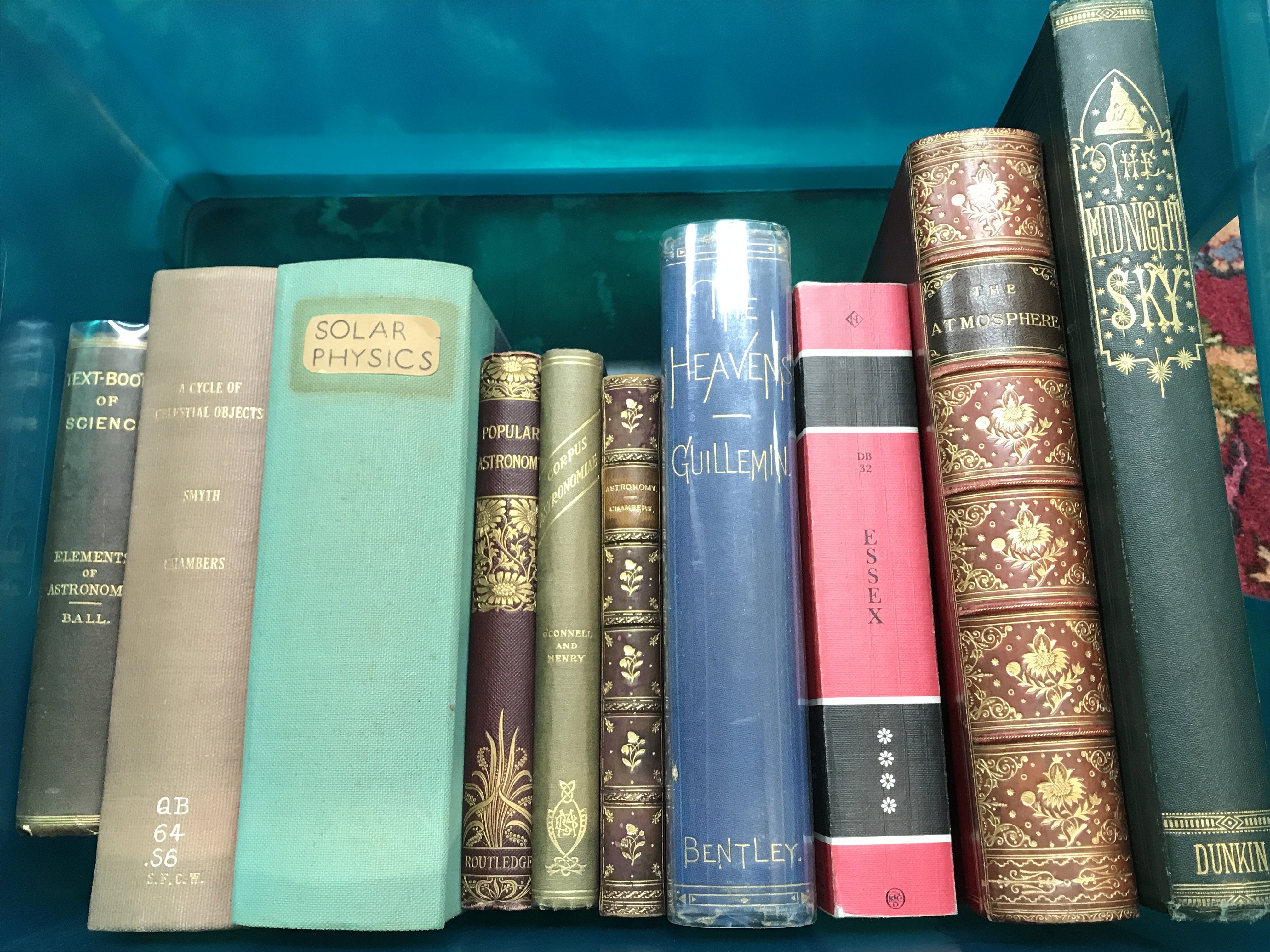 Vintage Astronomical books including The Midnight Sky by Edwin Dunkin , The Atmosphere by Camille Flammarion 1873, The Heavens by Amdee Guillemin 1878, Pictorial Astronomy by George F Chambers 1893, An Irish Corpus Astronomiae by Rev F.W O Connell M.A. B.D 1915, Popular astronomy by O.M. Mitchell LL.D. Contributions to Solar Physics by J. Norma. Lockyer, a cycle of Celestial objects George F. Chambers 1881, Elements of astronomy by Robert Stawell Ball 1896. Postage category C