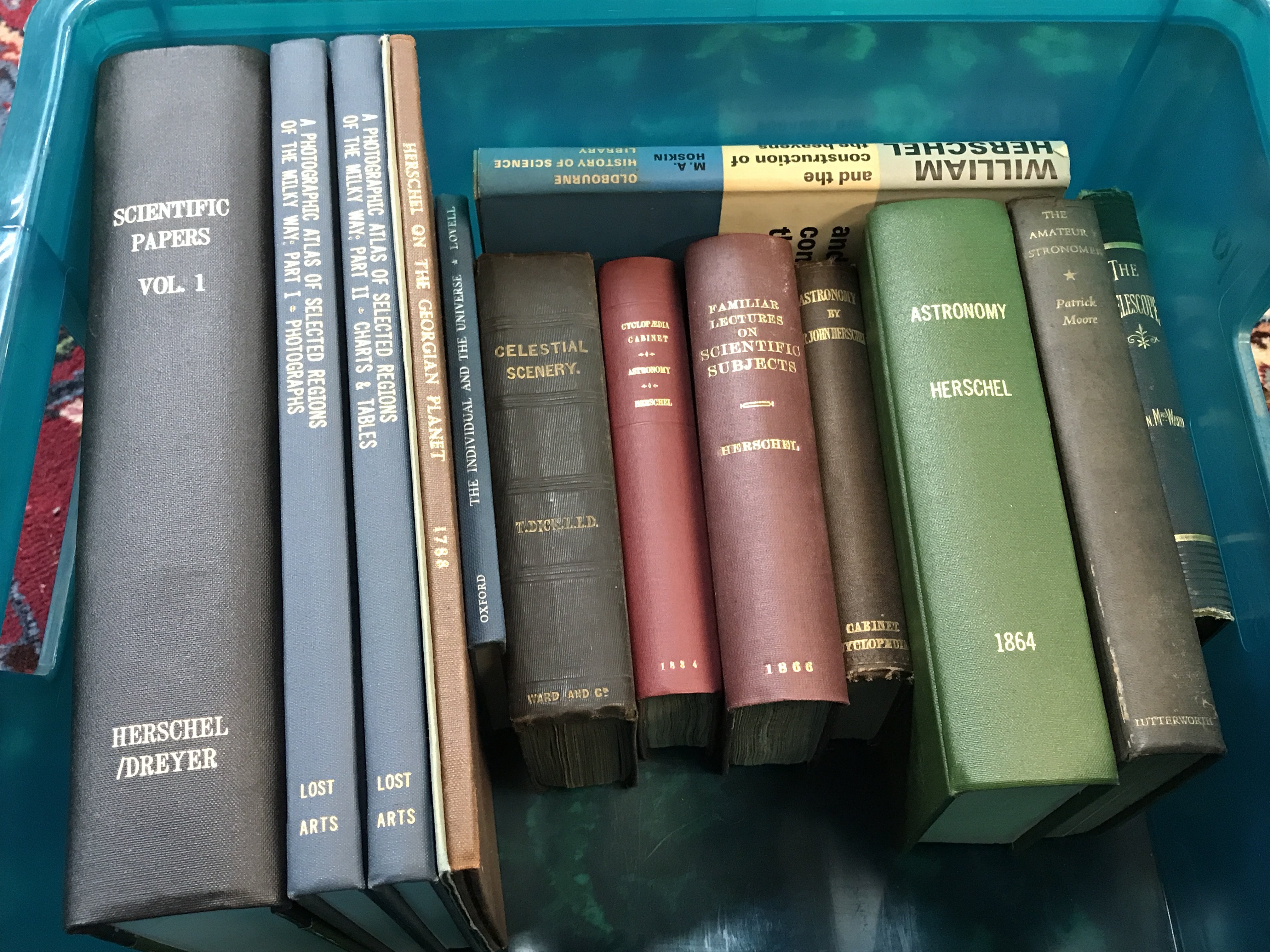 A Collection of vintage astronomy books including Outlines of Astronomy by John F.W Herschel 1867, The Telescope by Mrs Ward 1870, Amateur Astronomer 1964 by Patrick Moore, A Treatise on Astronomy by John F.W Herschel, Familiar lectures on scientific subjects by John F.W Herschel, Treatise on Astronomy by Sir John F.W Herschel 1833, Celestial Scenery by Thomas Dick etc. postage category C