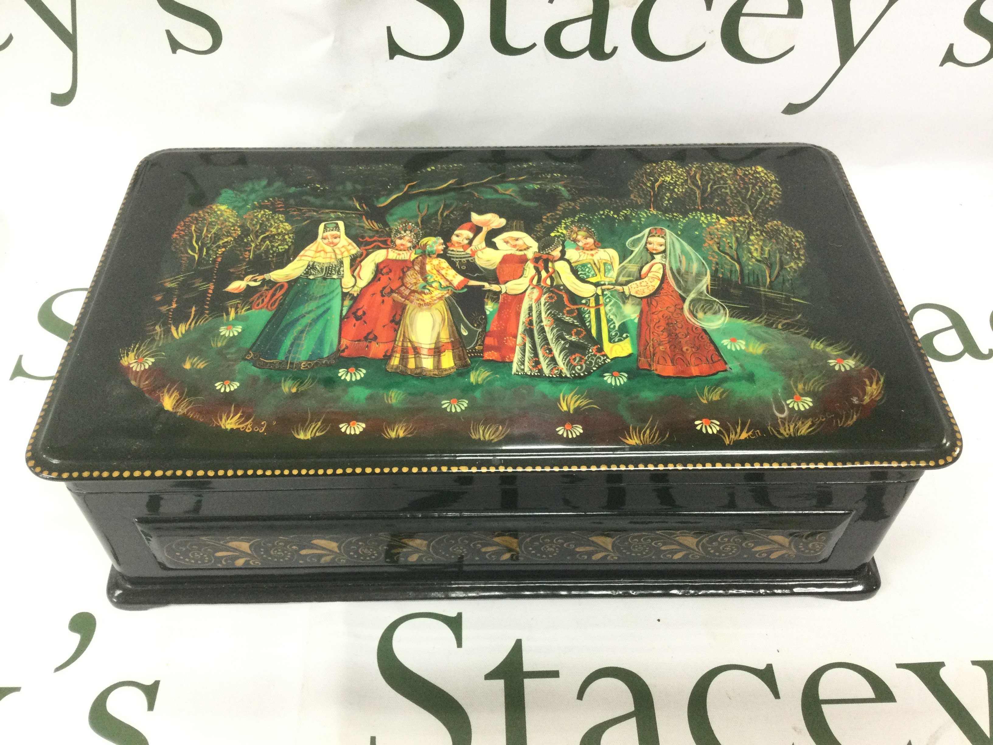 A Russian papier mache jewellery box, approx width 30cm. Shipping category B.