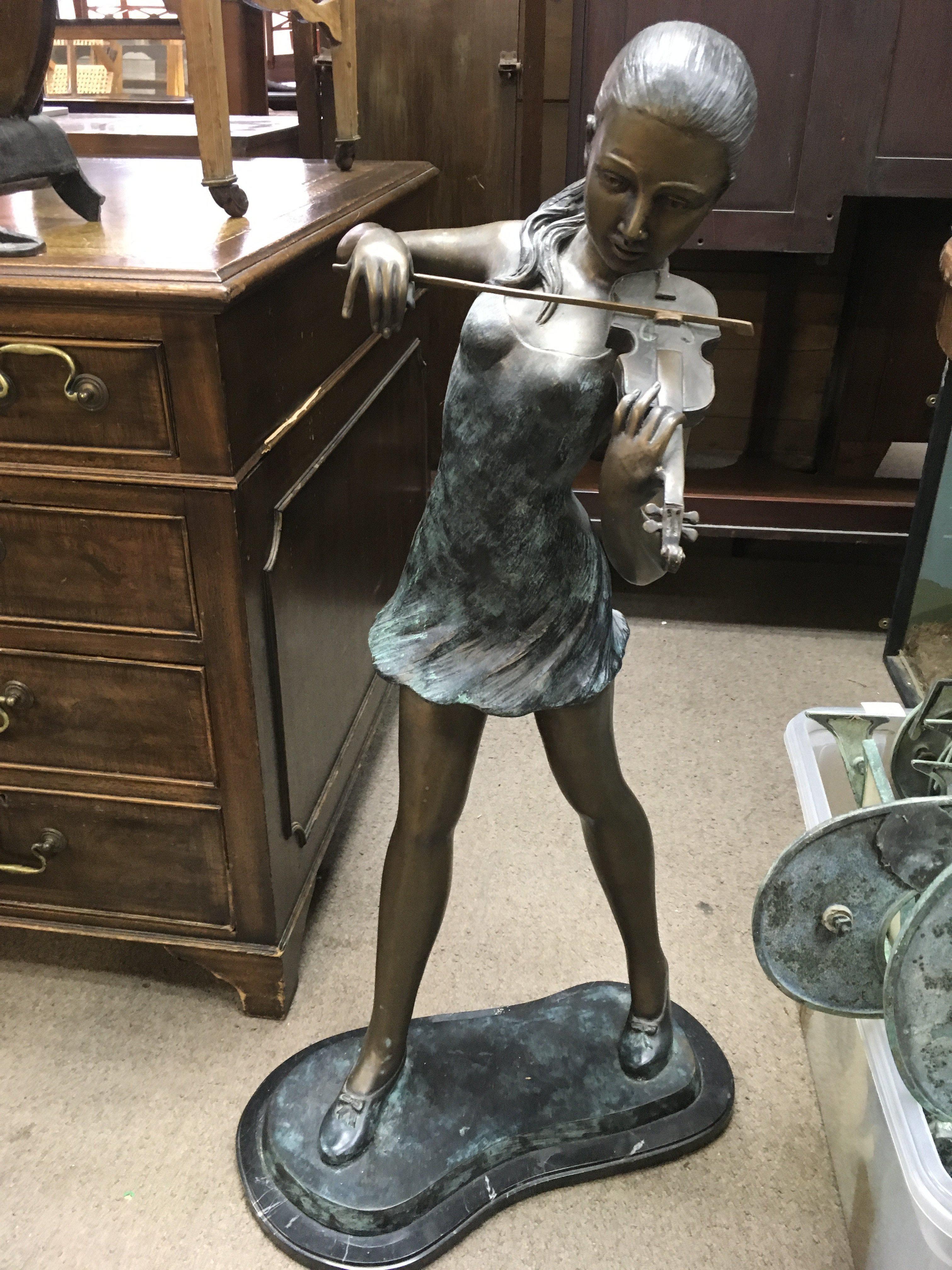 WITHDRAWN - A large bronze 20th century figure of a girl playing a violin , 95cm tall.