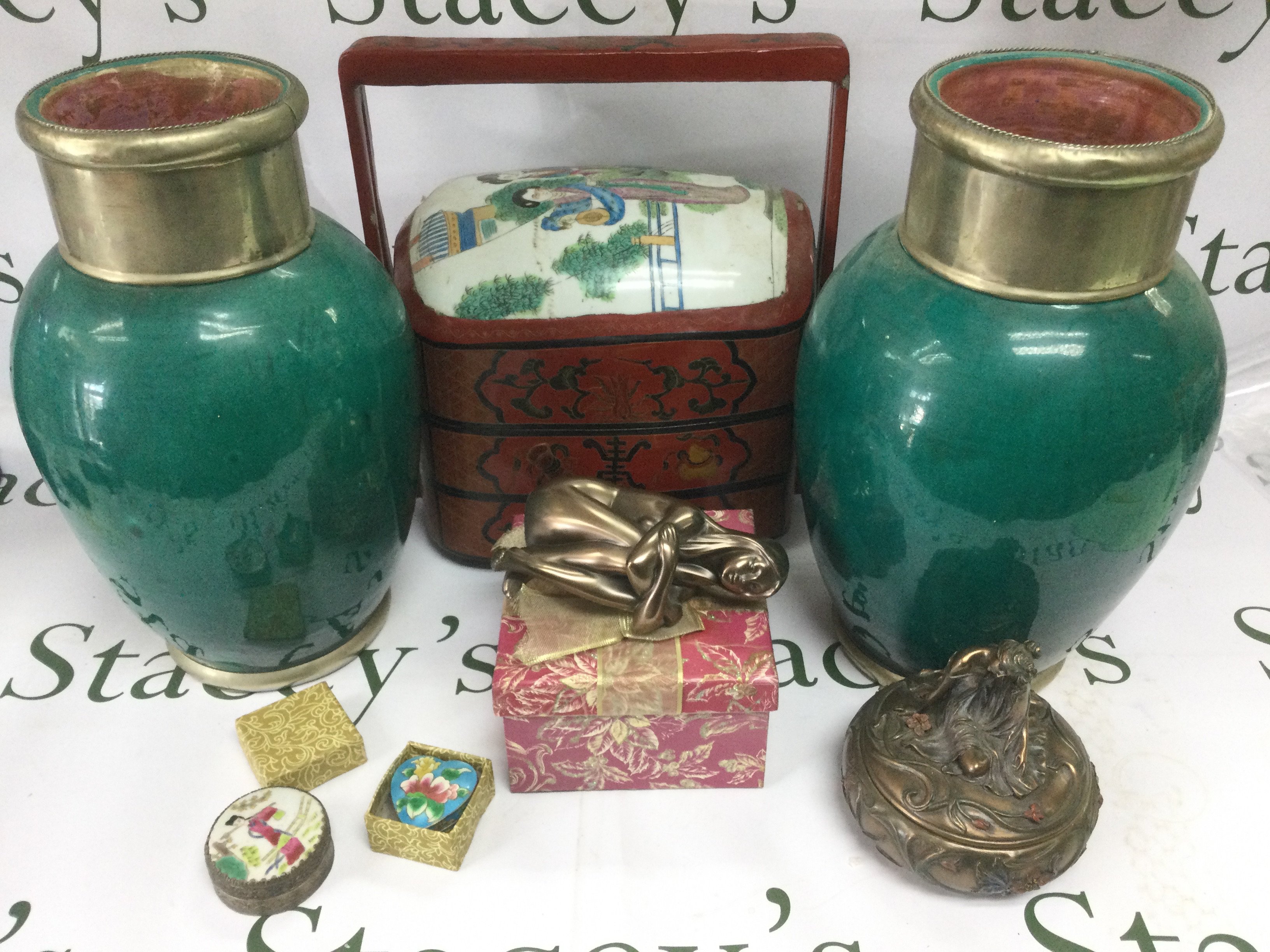 A Chinese box plus two smaller examples, a pair of vases etc. Shipping category D.
