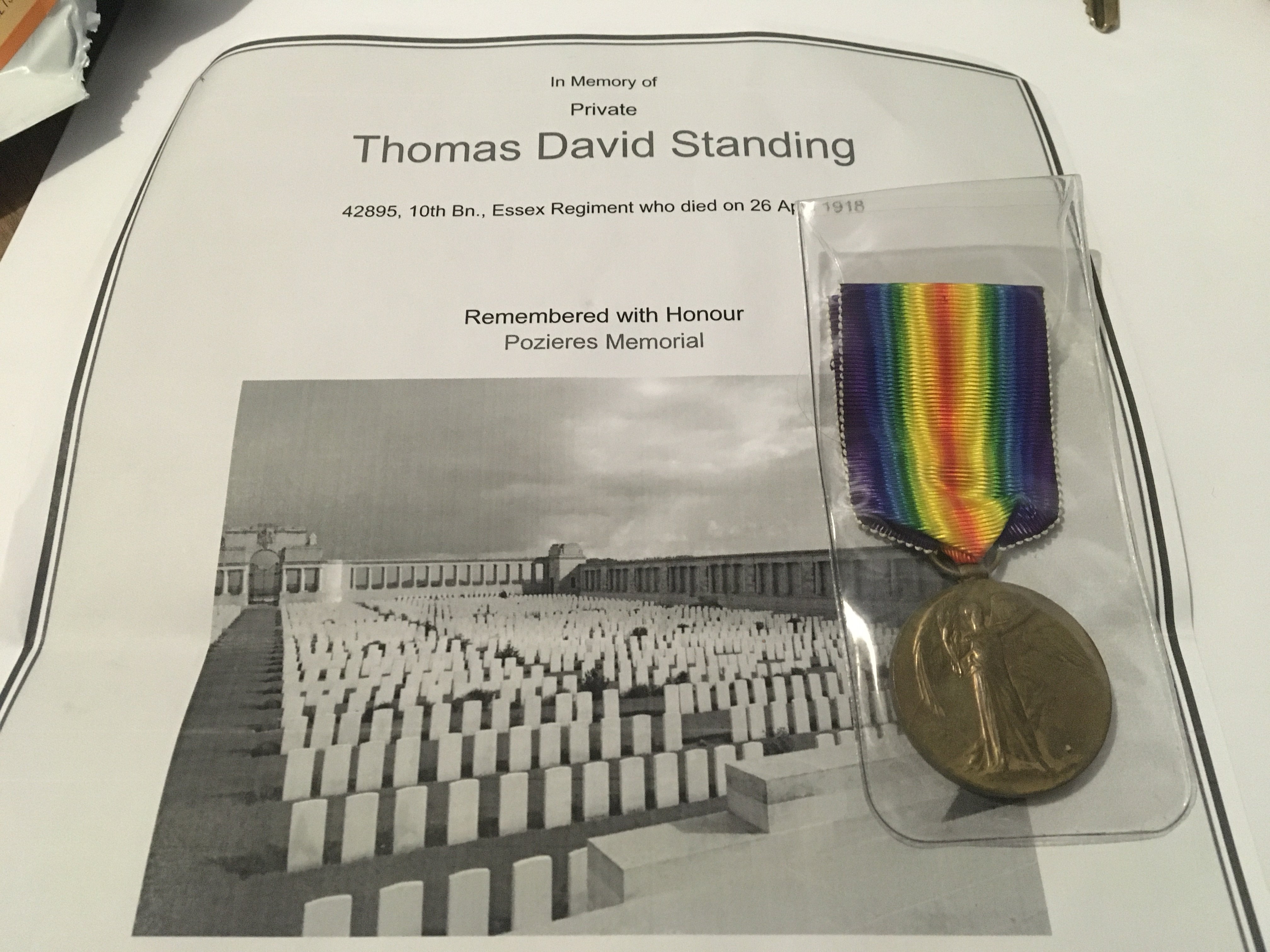 A Single I World war medal awarded to Thomas David Standing 42895 10th Battalion Essex Regiment killed in action on the 28th April 1918. With documentation from the Commonwealth War Graves Commission.