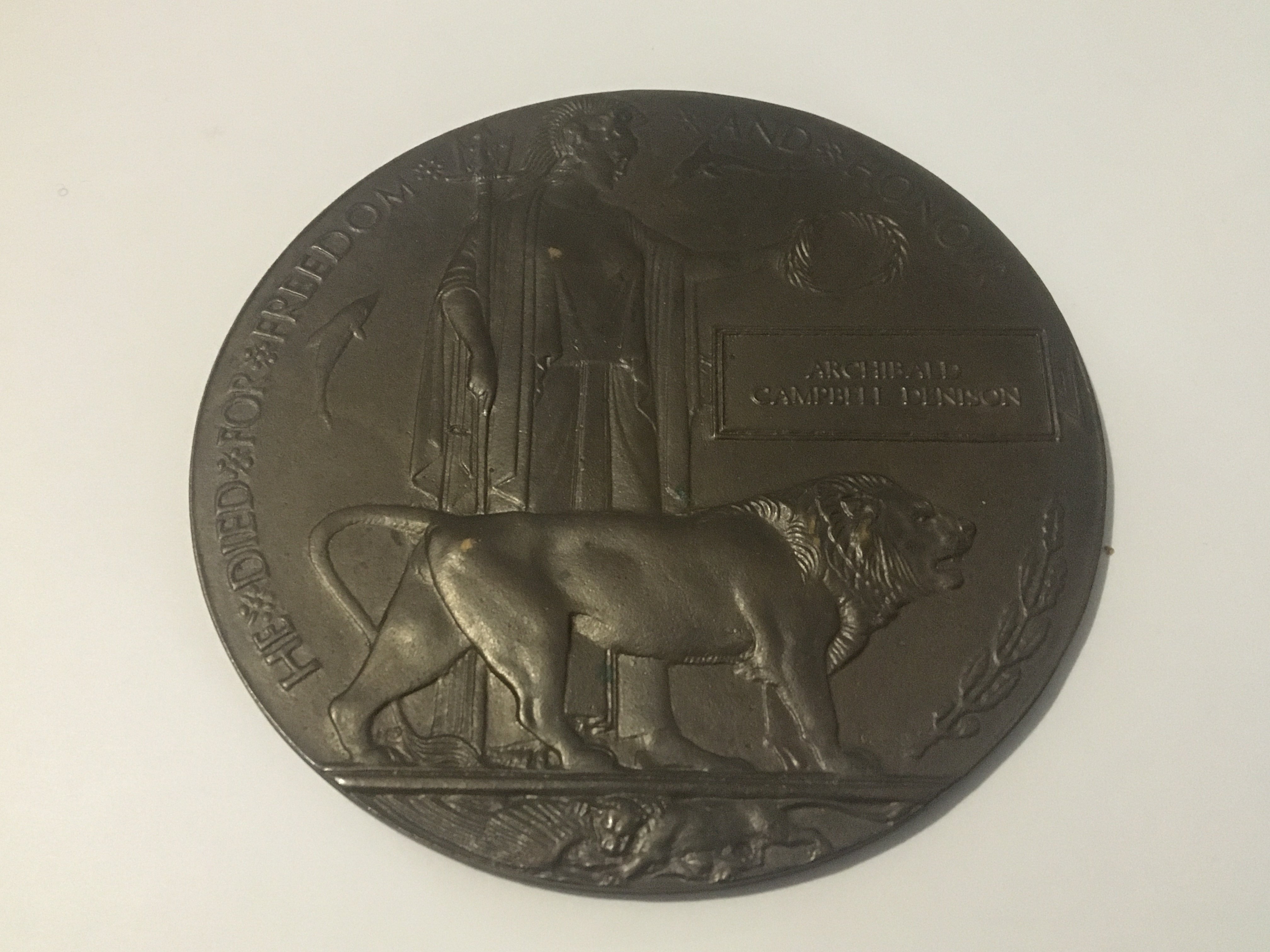 A I World War Memorial plaque Death Penny awarded to Captain A C Denison 2nd Battalion The Black Watch mentioned in dispatches for Gallant conducted in the field Killed at the Battle of Loos 25th September 1915. With detailed paperwork.