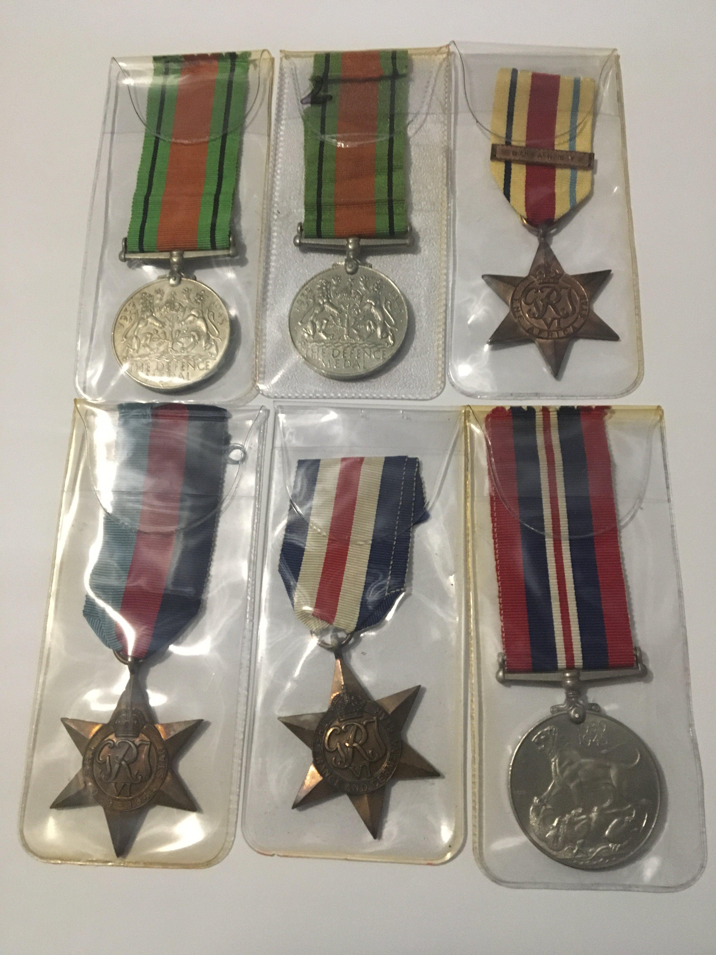 A Collection of II World War Medals Two Defence Medal African Star 8th Army French German Star Victory medal and 1939-45 Star. (6)