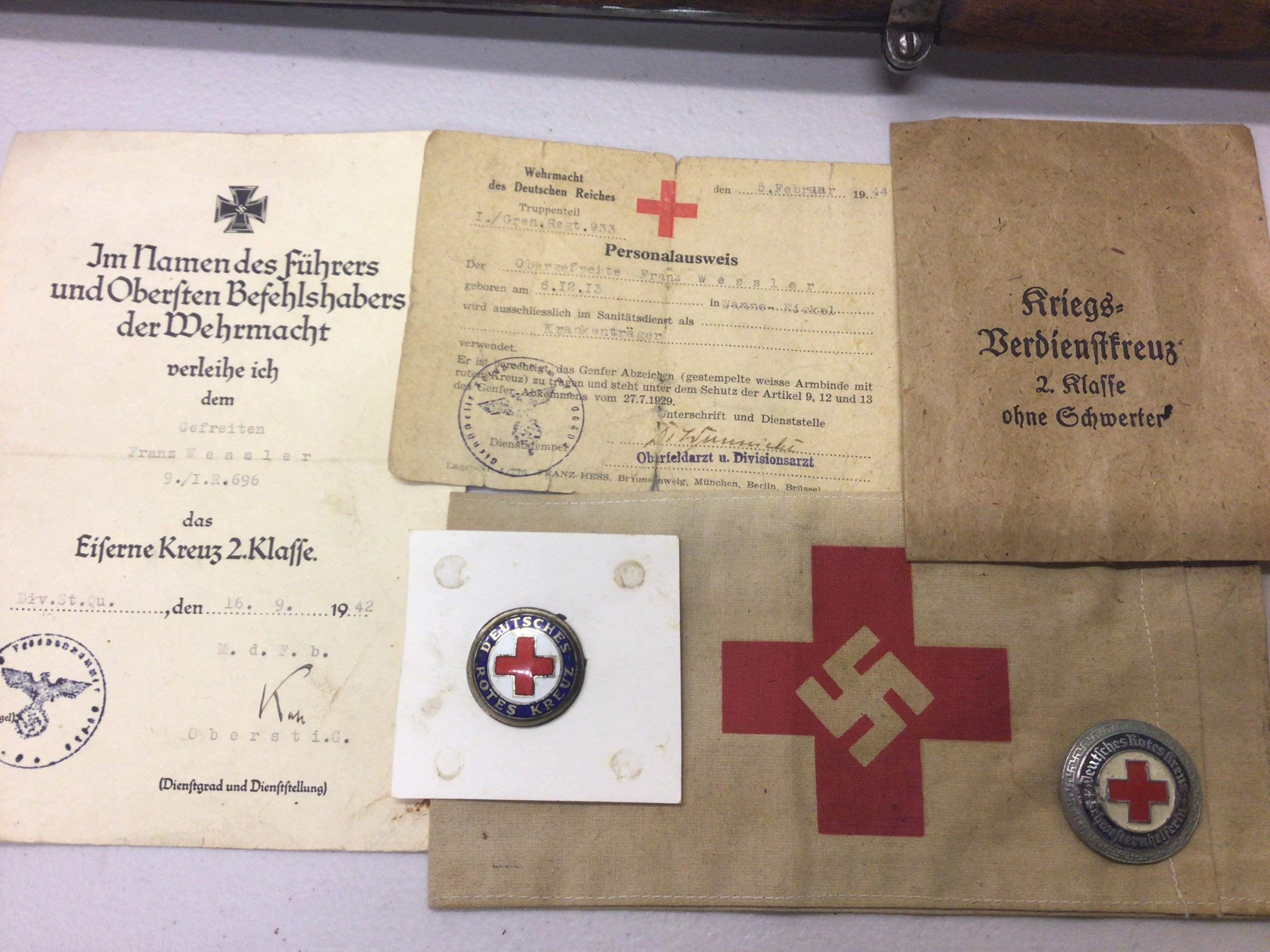 German Third Reich II world war Red Cross badges and armband with ID paperwork.