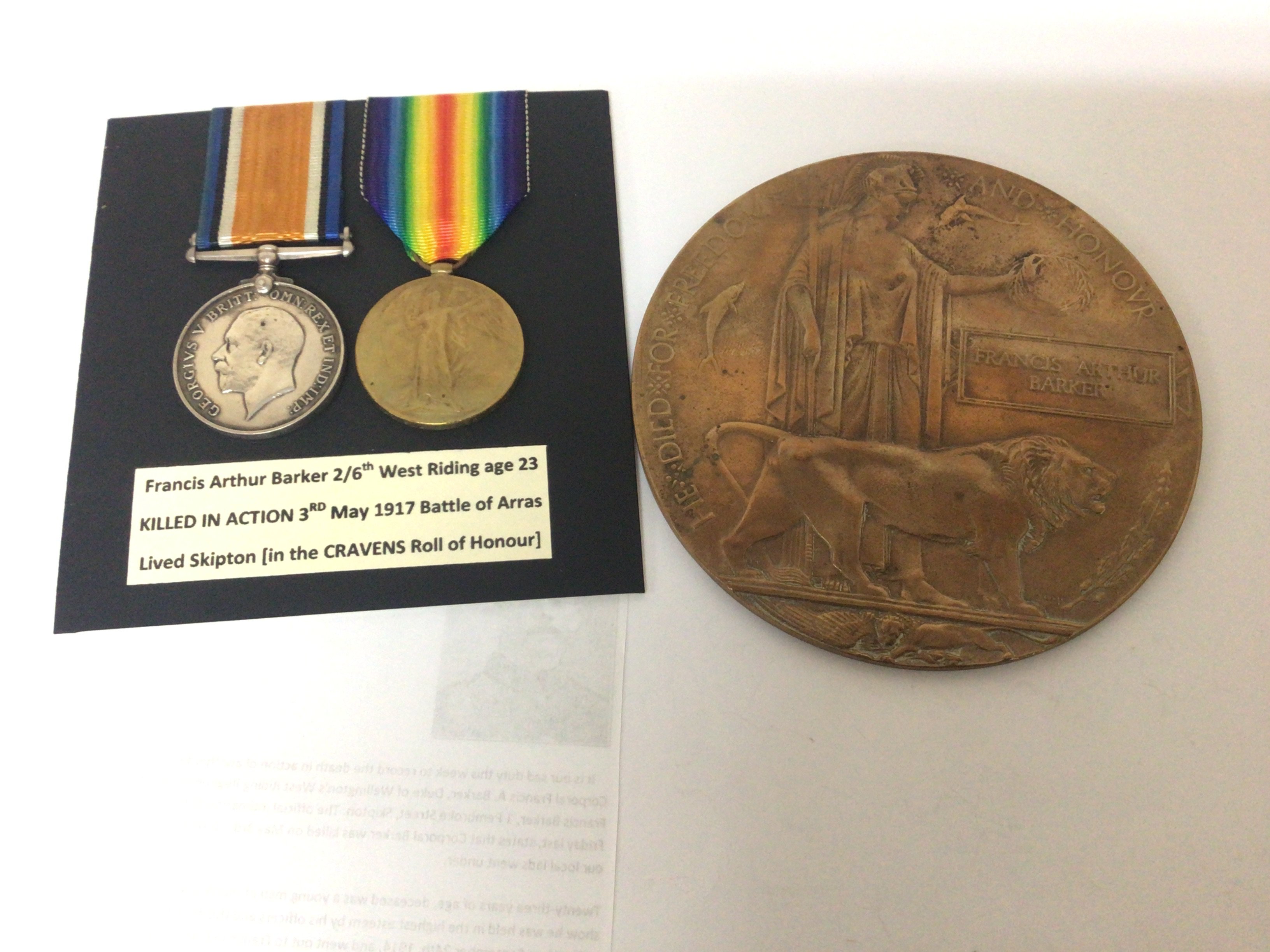 A Group of I world war medals awarded to CPL Francis Arthur Baker 2/6th West Riding 265684 with memorial plaque and intresting retrospective paperwork history.