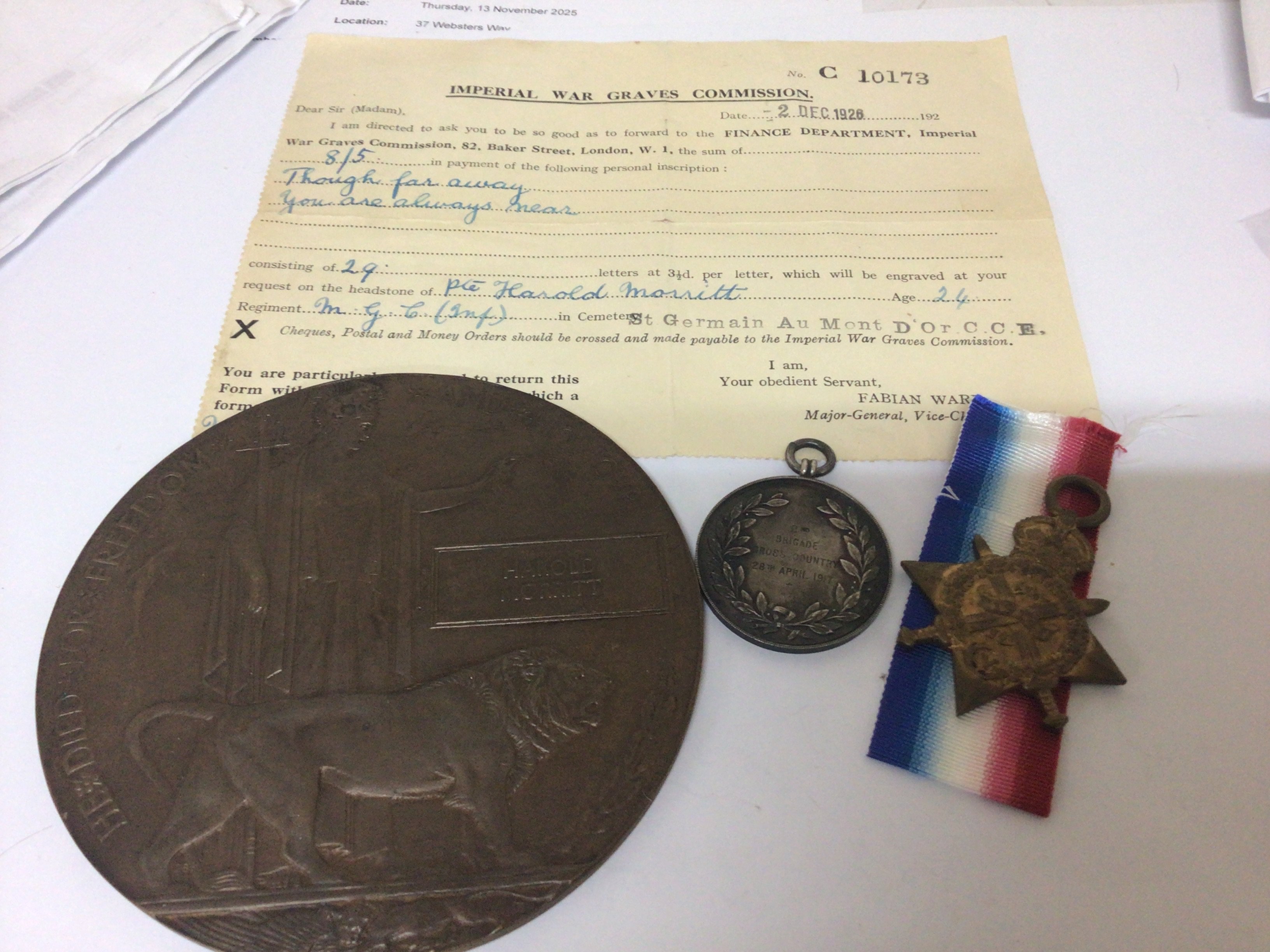 A I world war medal 1914 star awarded to 9925 PTE H Morritt 1 E York R killed in action with memorial plaque imperial war grave paperwork dated 2/12/1926. With other intresting retrospective paperwork and a Sports medal won 28/April 1917.