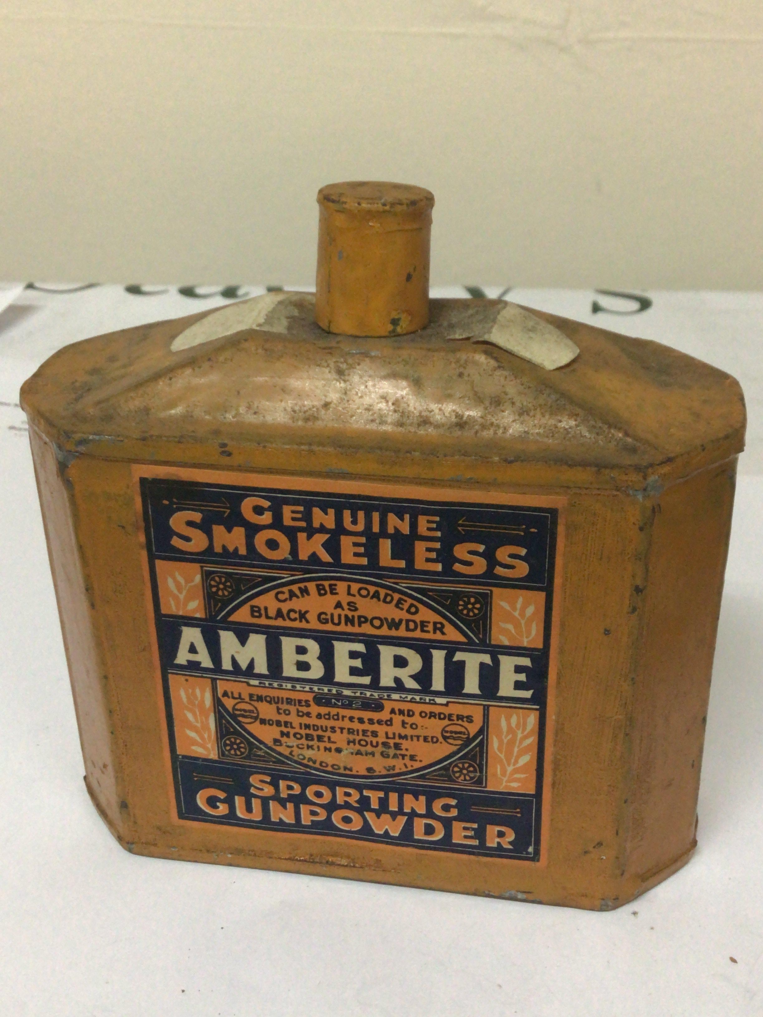 A Rare unopened tin of Smokeless Gun Powder Amberite Sporting gun powder.hight 15cm. PLEASE NOTE AN EXPLOSIVE CERTIFICATE IS REQUIRED TO BUY THIS LOT.