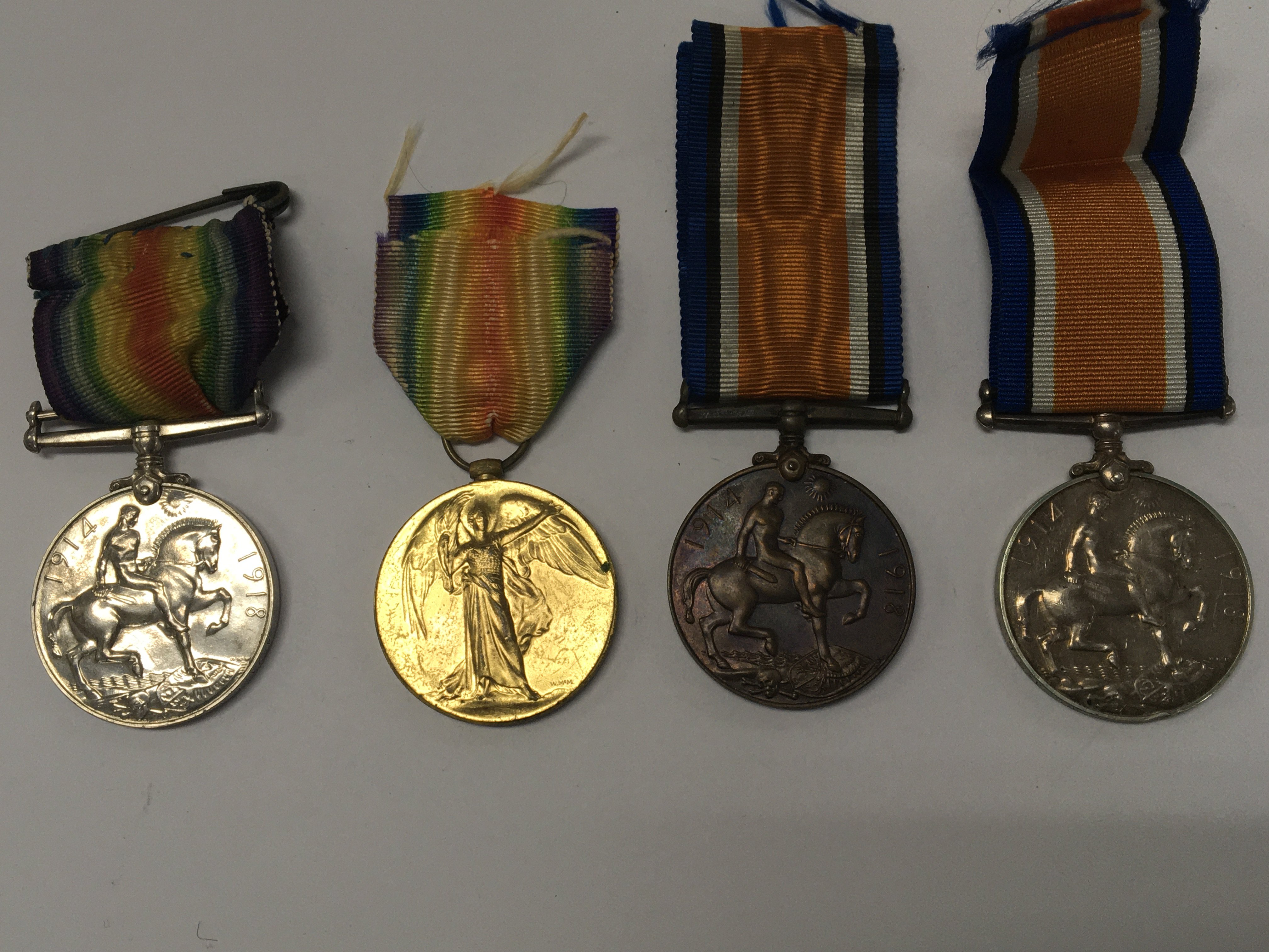 Group of four WW1 medals. 487180 PNR. W WILMOT. R. E 1914-18 (1). 487180 PNR. W. WILMOT . R. E 1914-19 (2). 1914-18 (3). M2- 120236. PTE. T. S. Mead. A. S. C 1914-18 (4)
