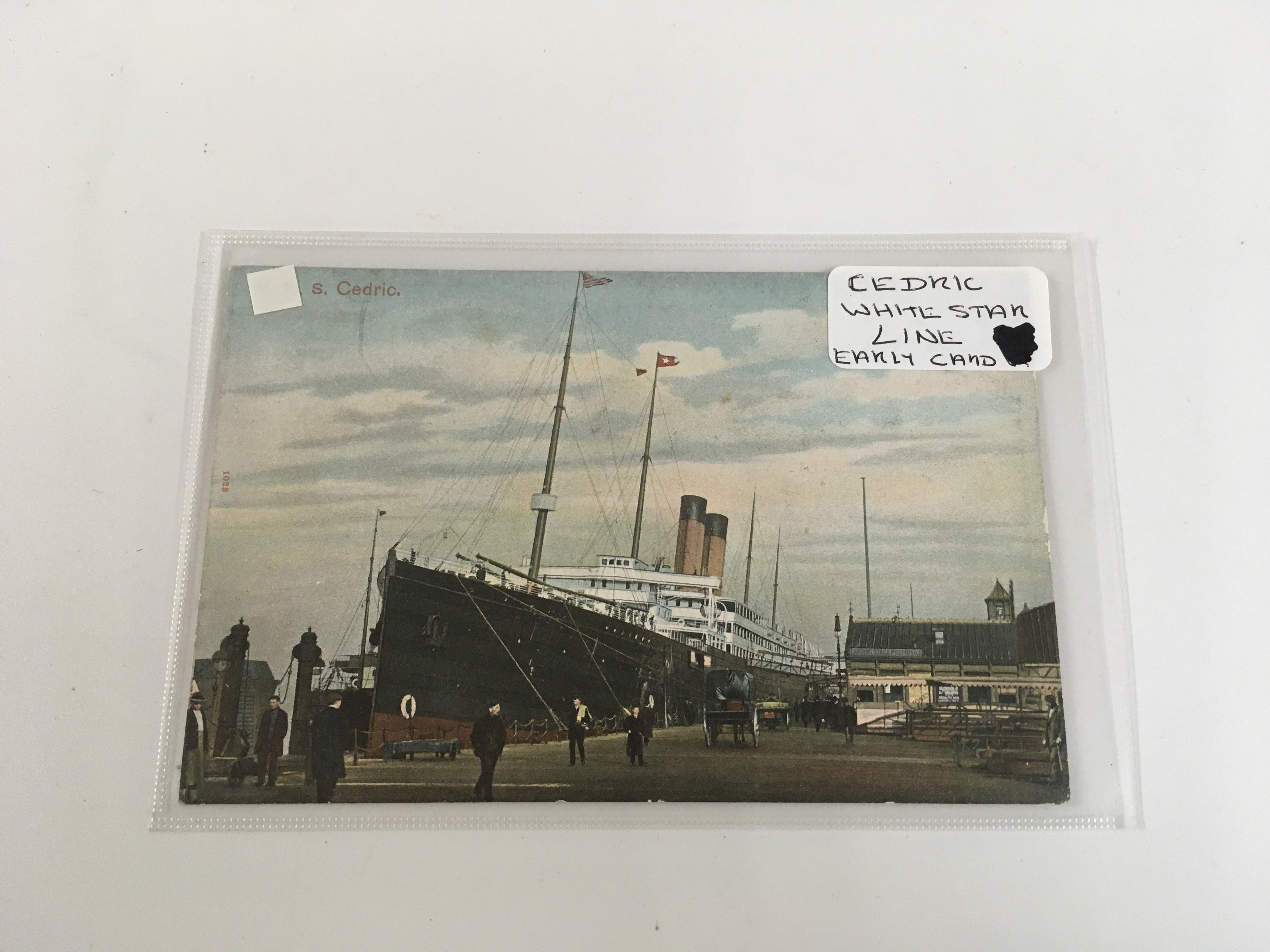 Collection of White Star Line postcards consisting of a used postcard from the RMS Doric posted 25/09/1933, used colour postcard from the RMS Olympic dated 1928, unused colour postcard from the SS Haverford from the white star line, early unused colour postcard from the white star line vessel the SS Medic, unused rare colour postcard from the white star line vessel the Cedric and abstract of log card from the white star line vessel the SS Regina