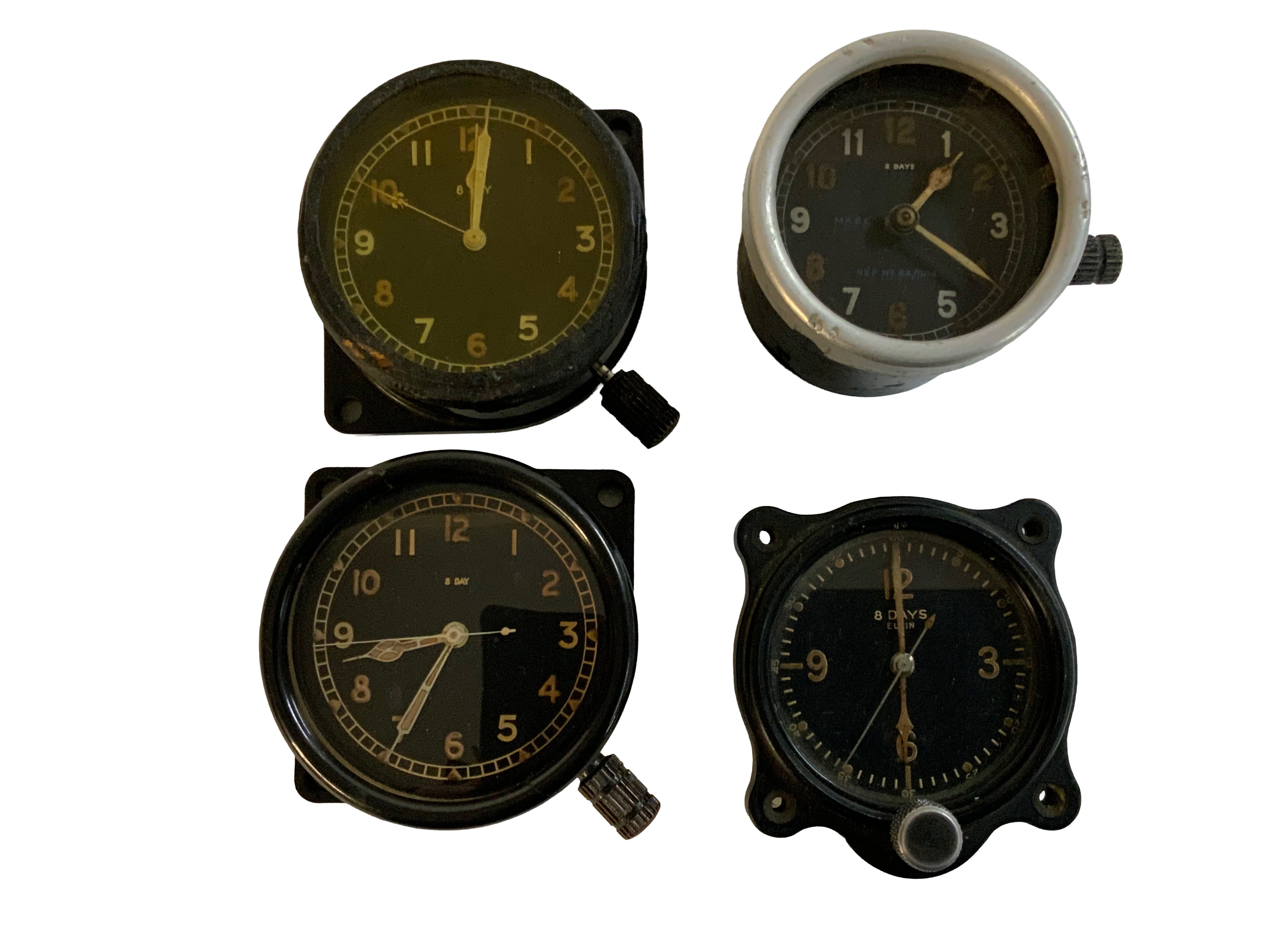 4 Vintage WW2 military aircraft clocks (Air Ministry markings), 1941 SMith MK2 Delta (Serial No.45361/41), 8 Day Elgin, 8 Day MKII 1480/43, 1942 MK2 Charlie No. 6A/104.