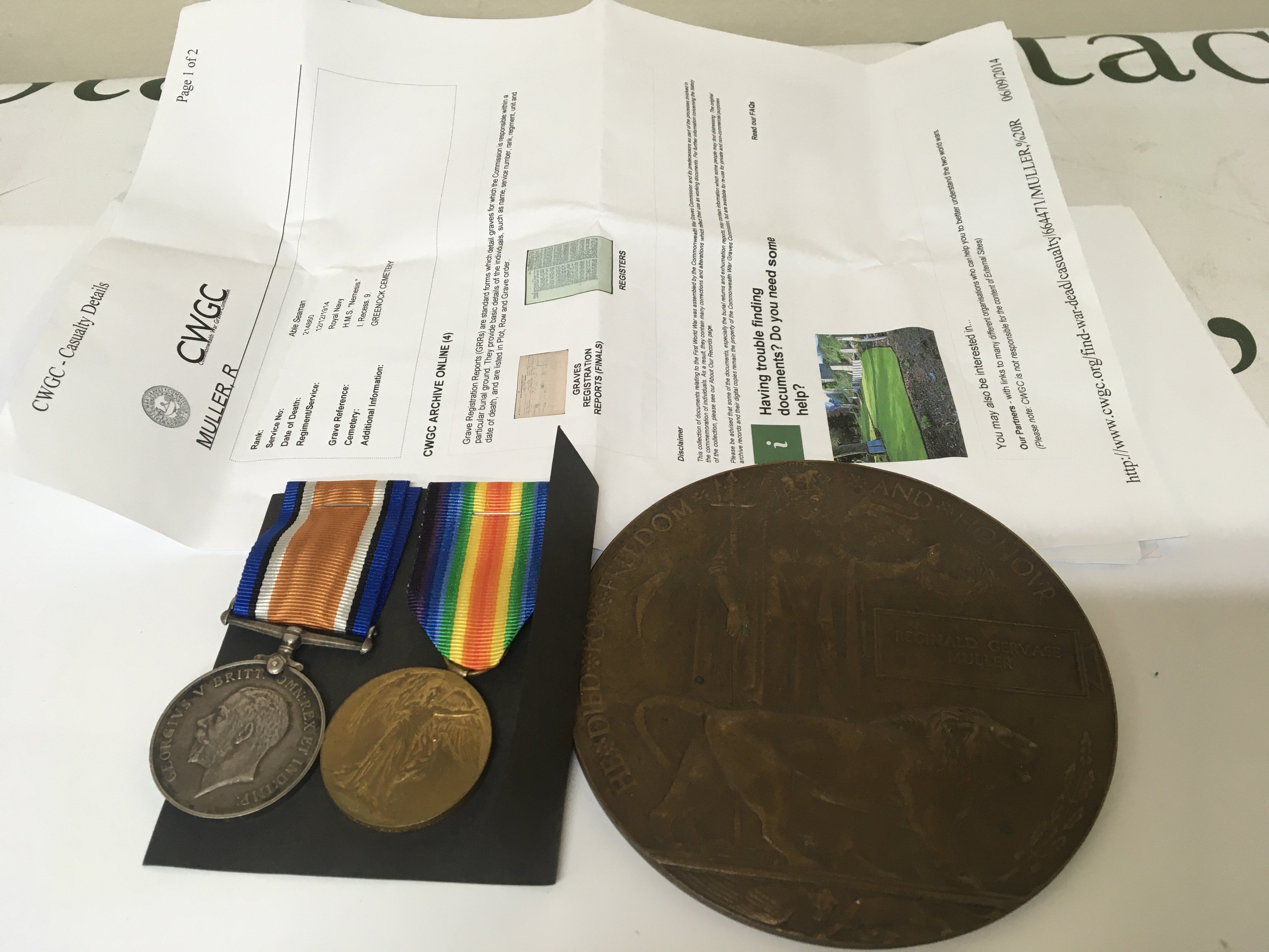 Two I world war medals awarded to Reginald Gervase With Memorial plaque killed 12/12/1914 214860 A B RN. HMS Nemesis with retrospective paperwork
