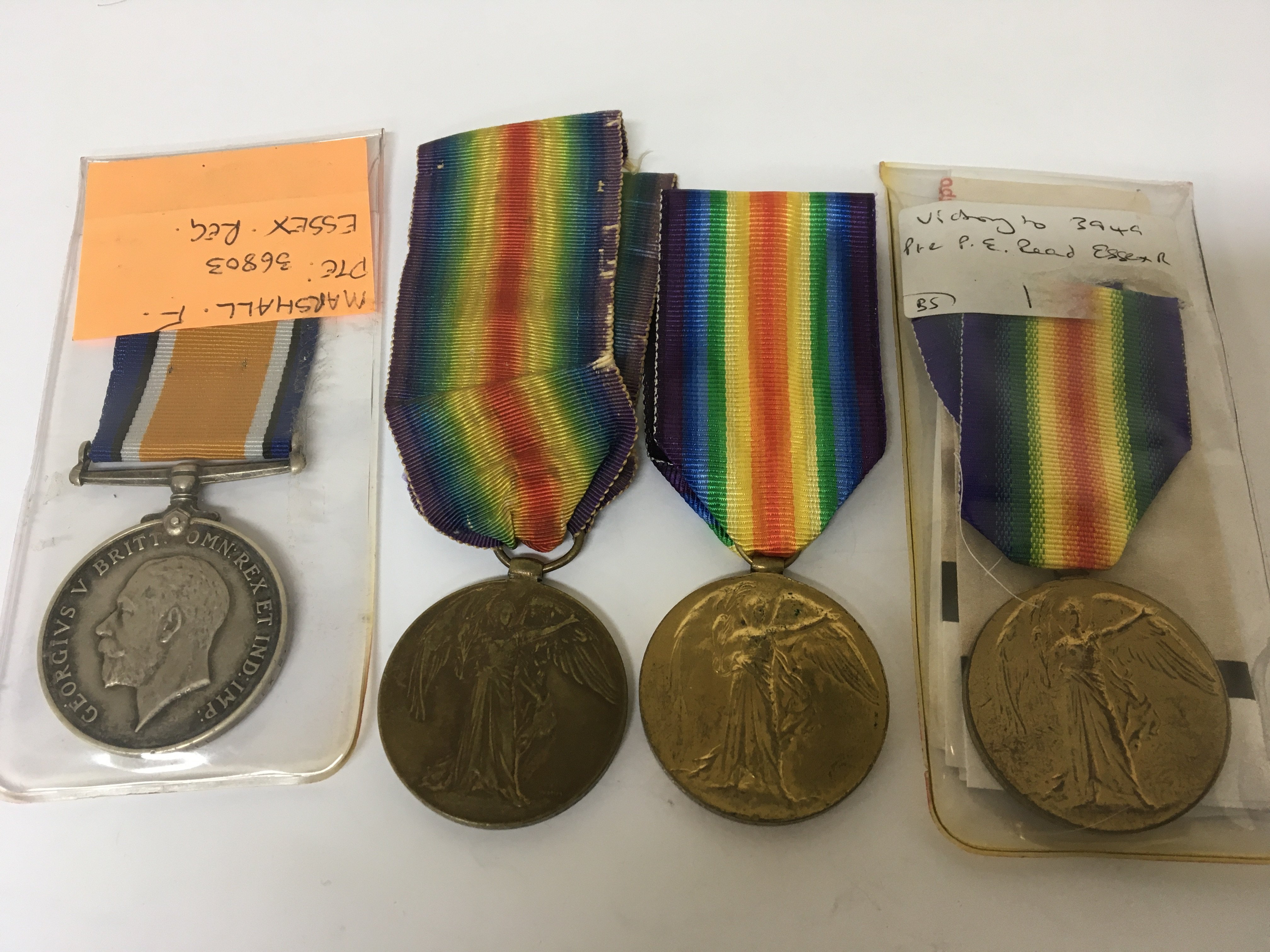 A collection of I world war medals Essex Regiment 49502 PTE F Raper Essex 3949 PTE Read Essex PTE Marshal F 36803 Essex and 227155 PTE J D Brown LABOR CORPS.