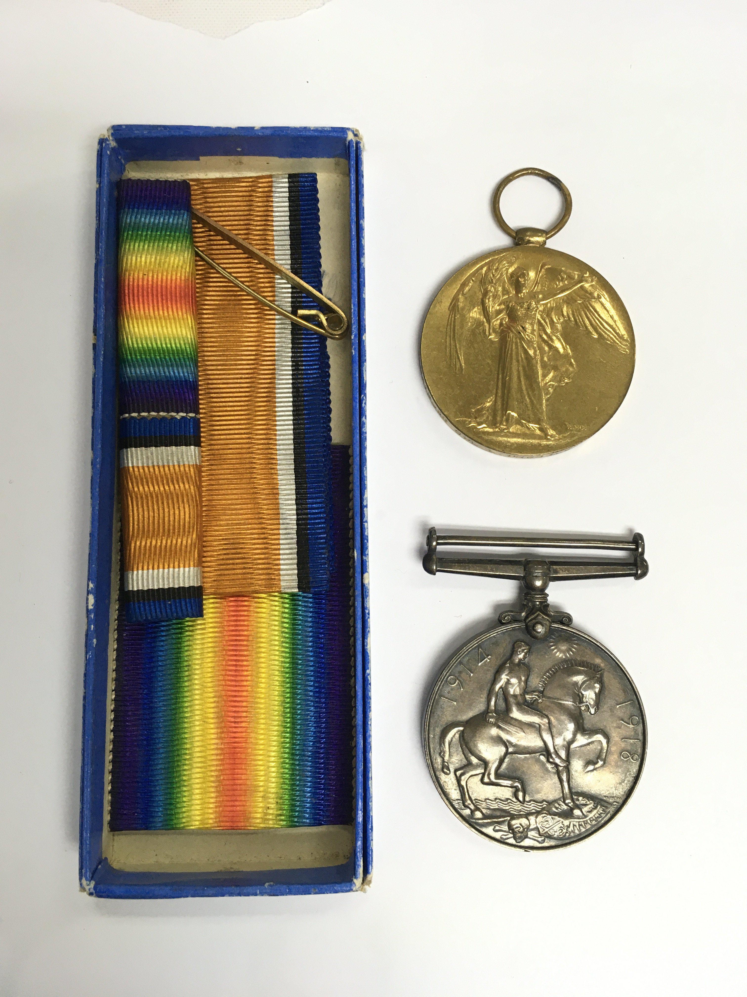Two WW1 medals awarded to CPL S19038 L Prebble RIF BRIG. Shipping category A.