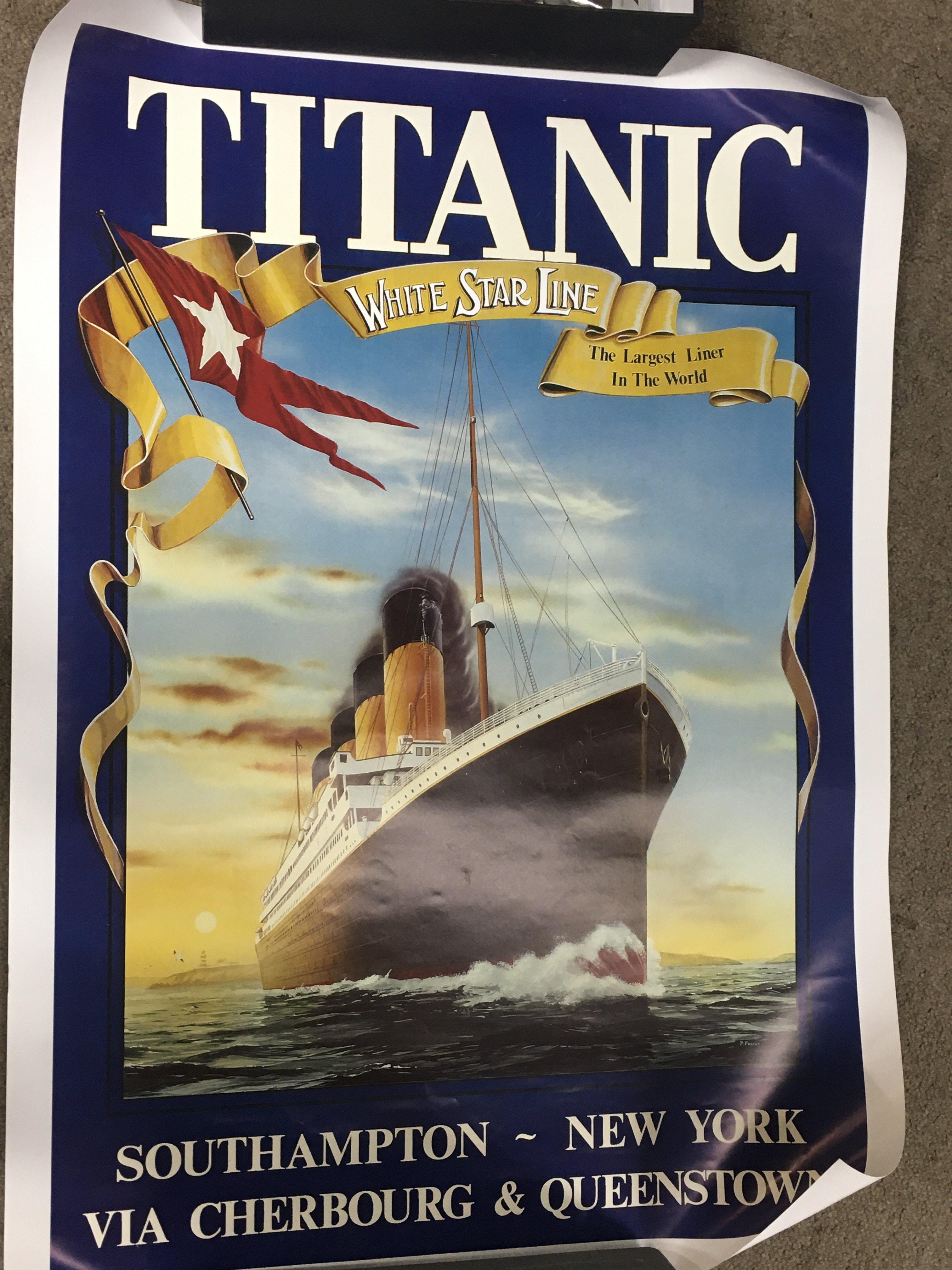 A collection of vintage maritime souvenir documents including Cunard White Star 1934 booklet, titanic postcards , reproduction titanic poster . Postage category B