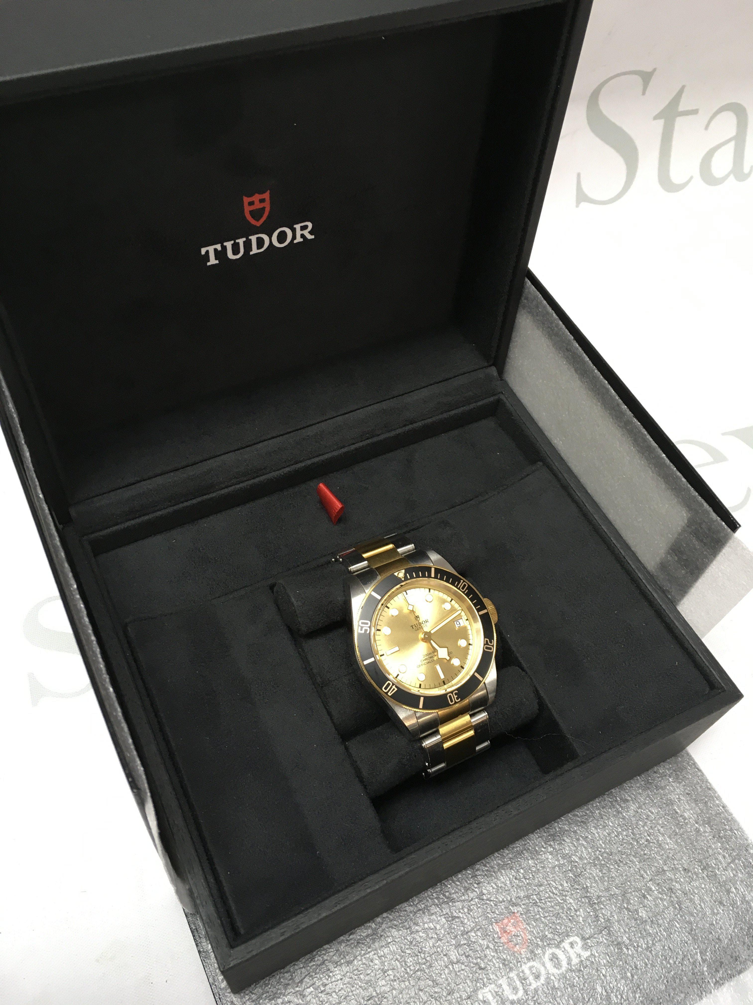 A boxed Tudor Black Bay 79733 41mm Bi- Colour watch , seen working . No papers. Postage category B