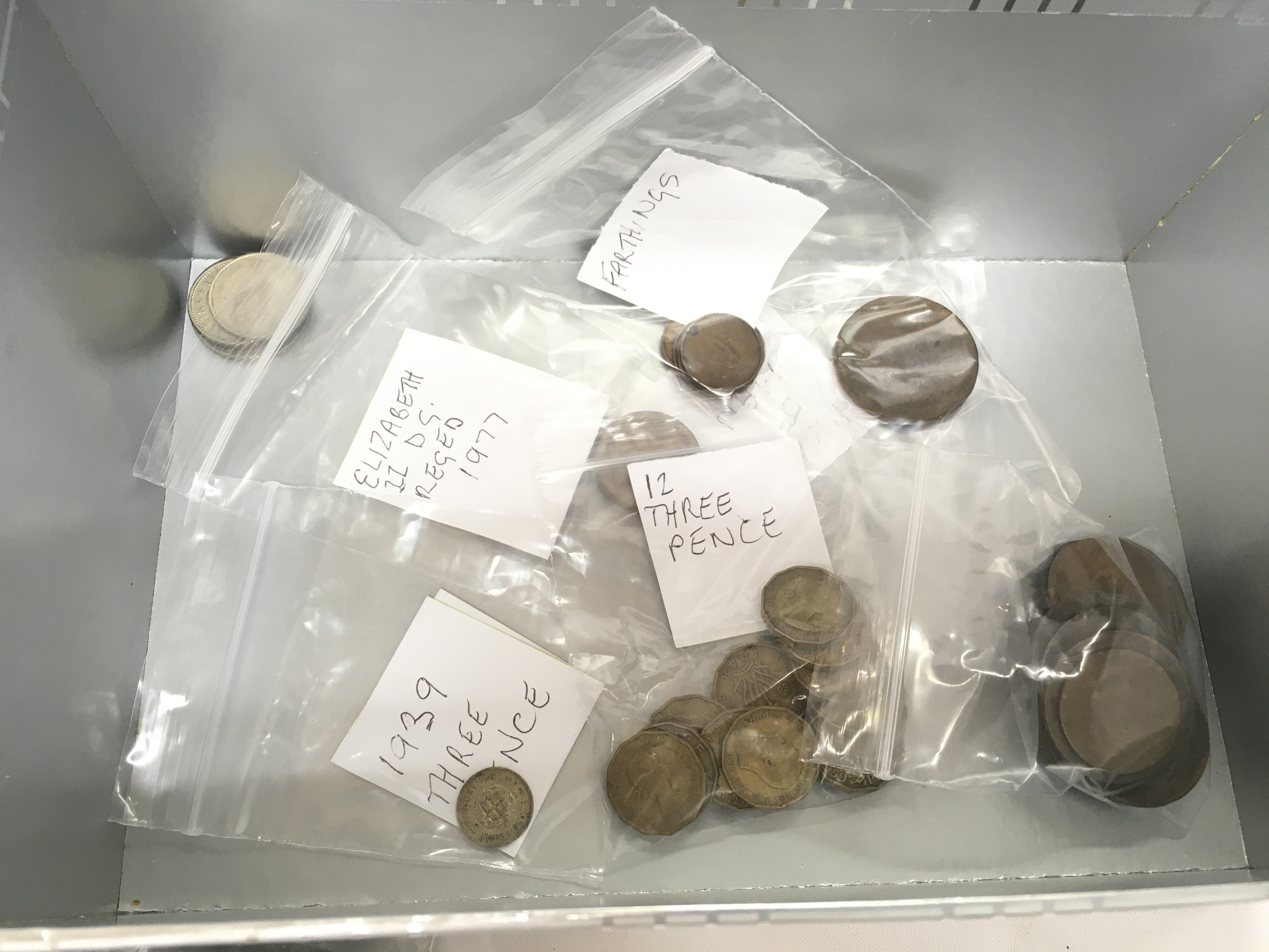 A box containing assorted used circulated coinage and some commemorative packs. NO RESERVE