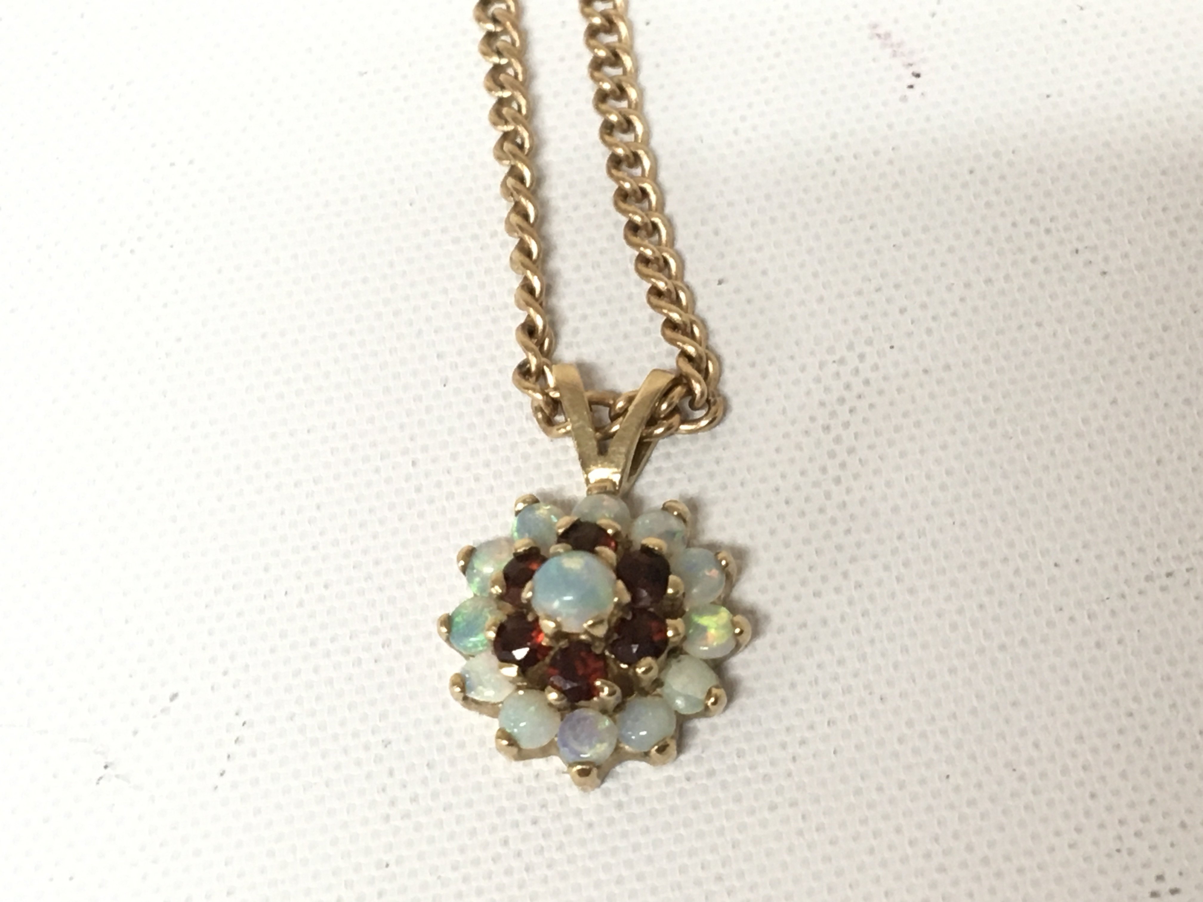 A 9carat gold pendant set with Opal and ruby and with a 9carat gold chain weight 5g.