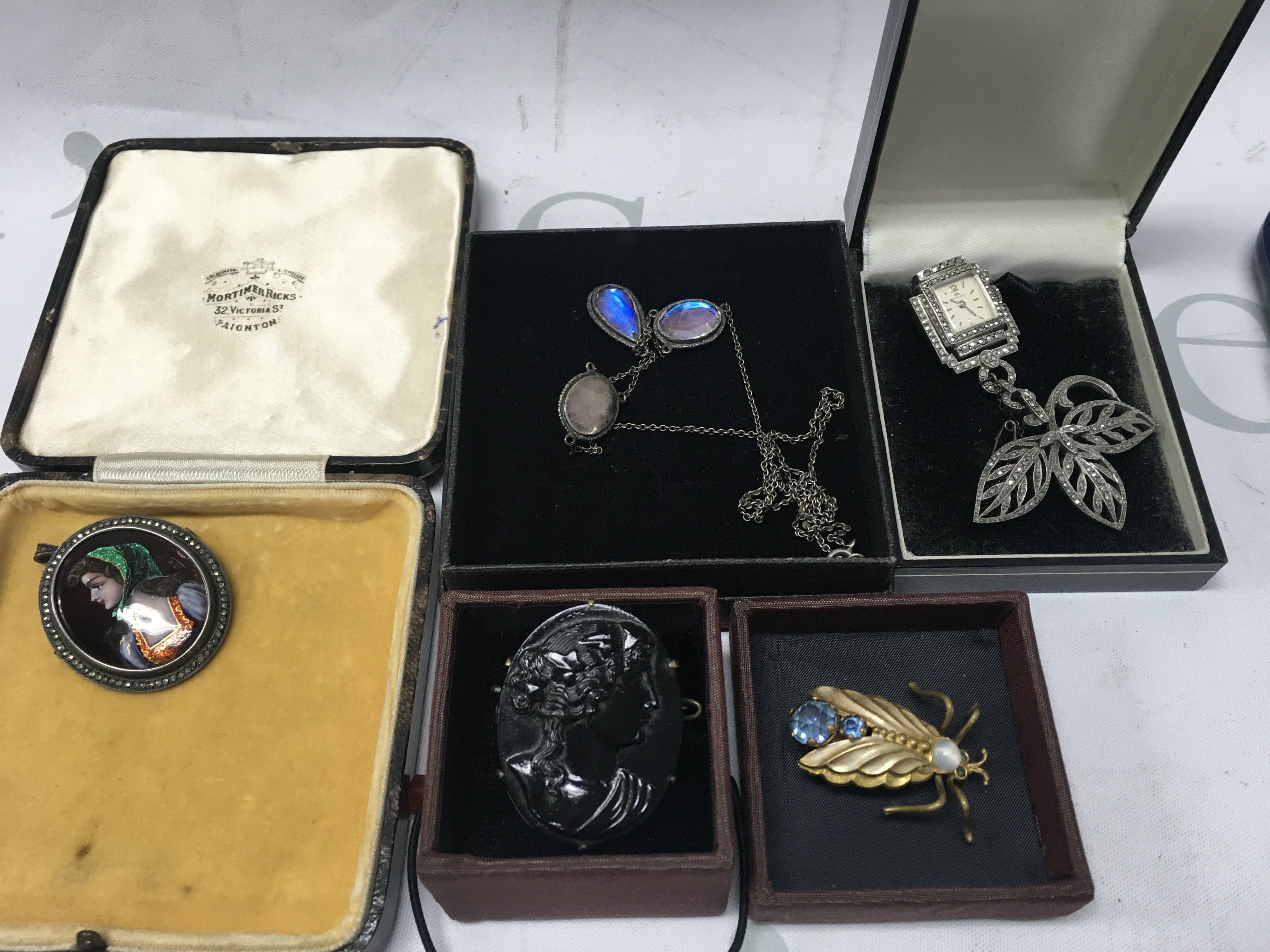 A Collection of costume jewellery comprising four brooch including enamel , and watch pendan together with a silver necklace.