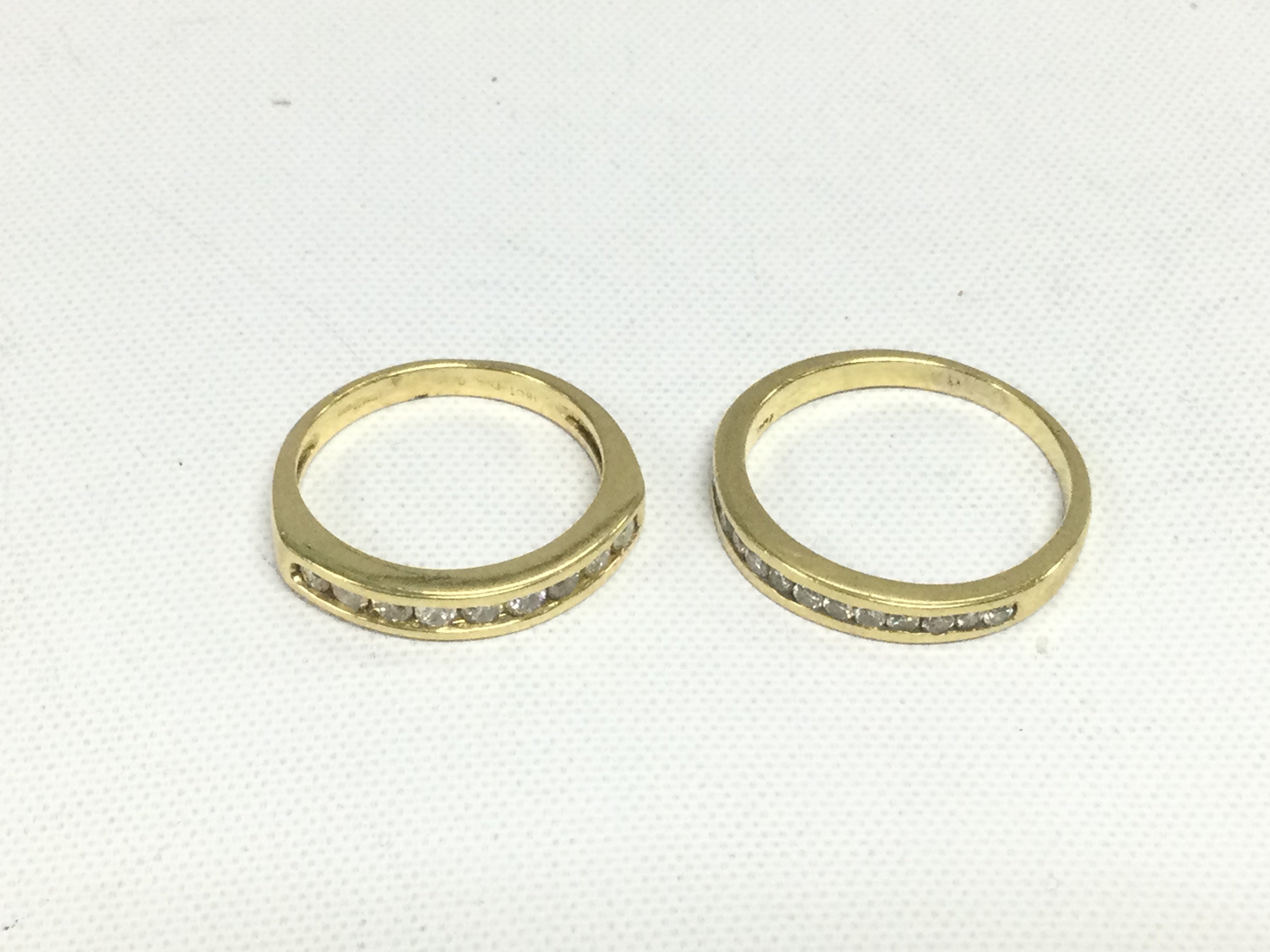 Two 18ct gold half hoop diamond rings, approx total weight 5g, approx sizes I and L. Shipping category A.
