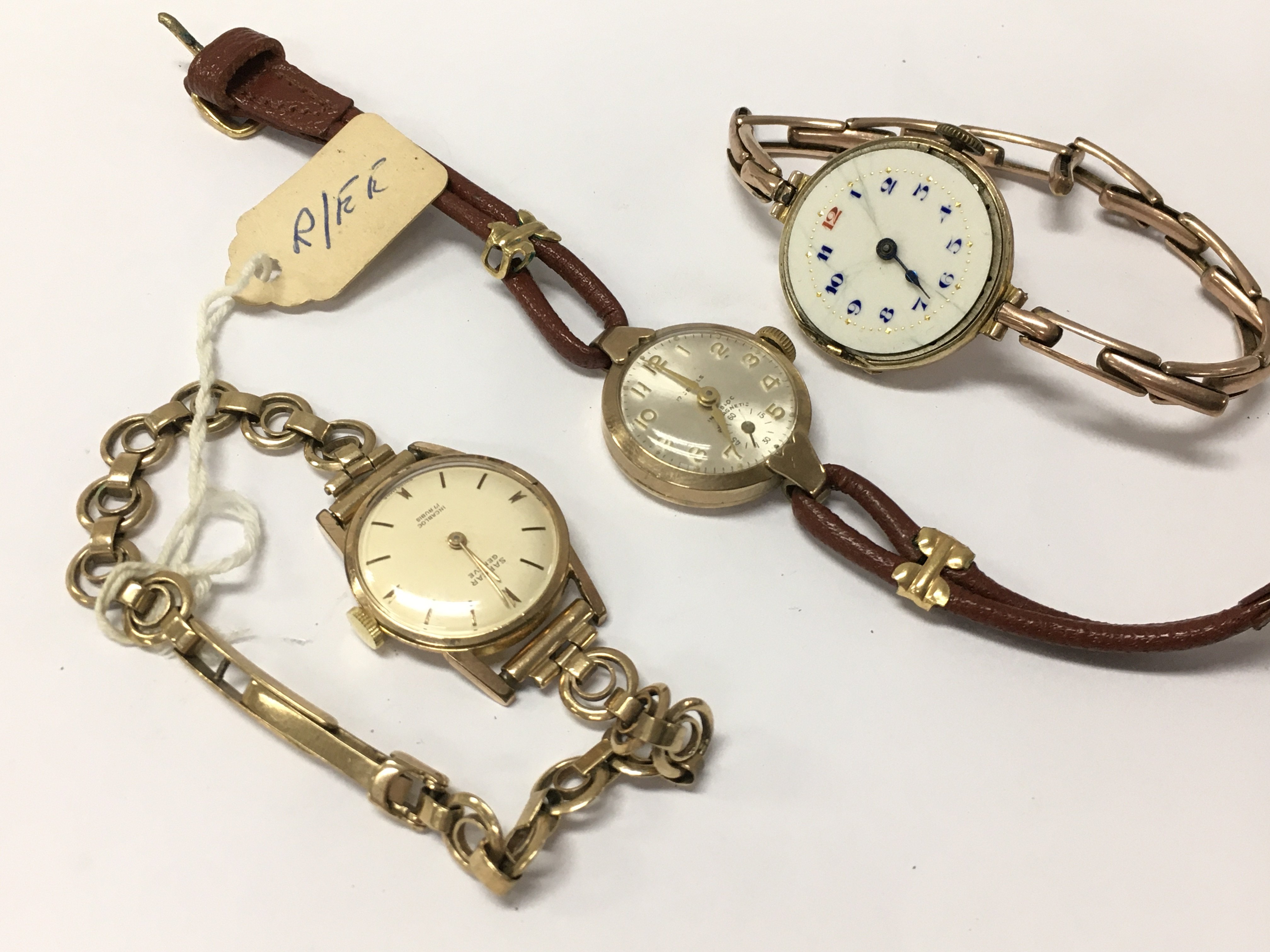 3 Vintage ladies 9 carat gold watches , two with 9ct gold straps. Total weight 45g Postage category A