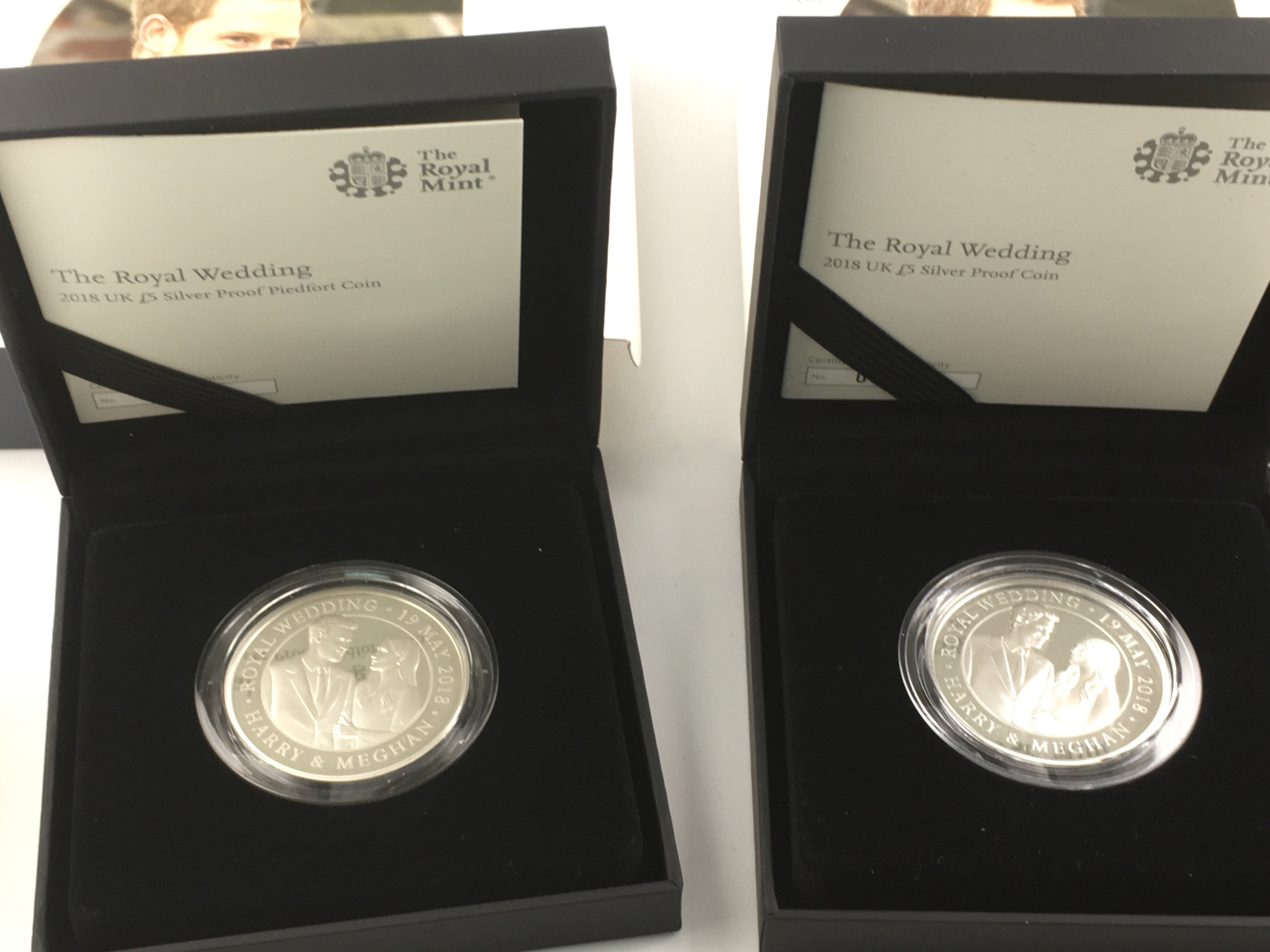 Harry and Megan royal wedding silver proof coin and a silver proof piedfort coin, 2  Prince Philip silver proof coin. Postage B