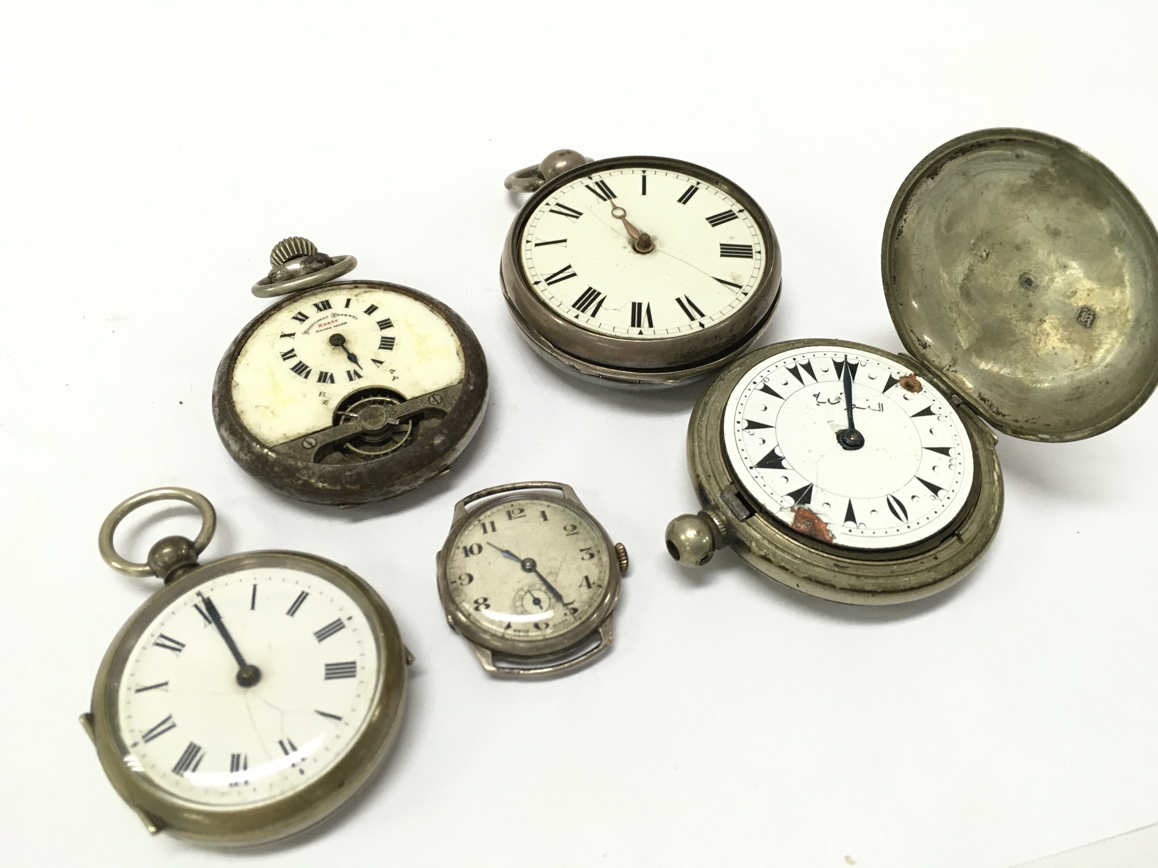 A mixed collection of Pocket watches for restoration including an early Pedometer, an 8 Day Hebdonas and a hallmarked fusee pocket watch