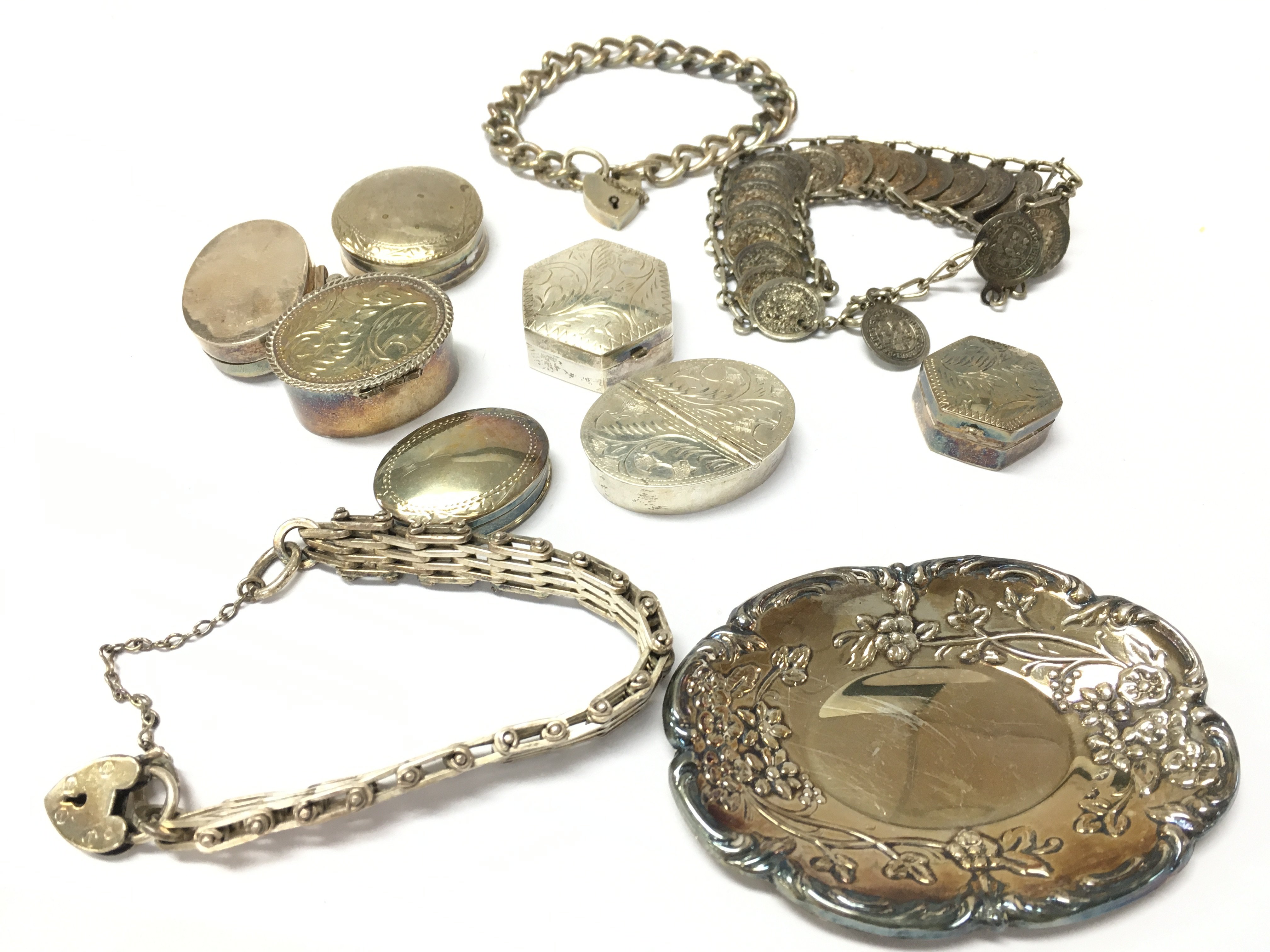 Mixed silver collection including pill boxes, bracelets, dish. Postage category A