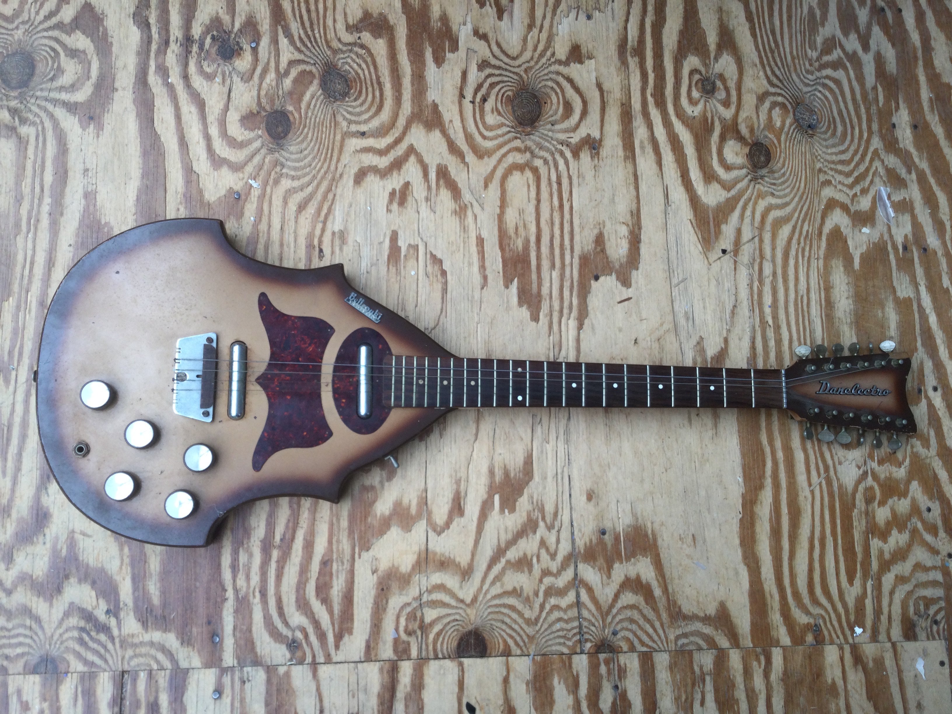 A rare 1960s Danelectro 12 string Bellzouki L7020 electric guitar in tan sunburst. No case.