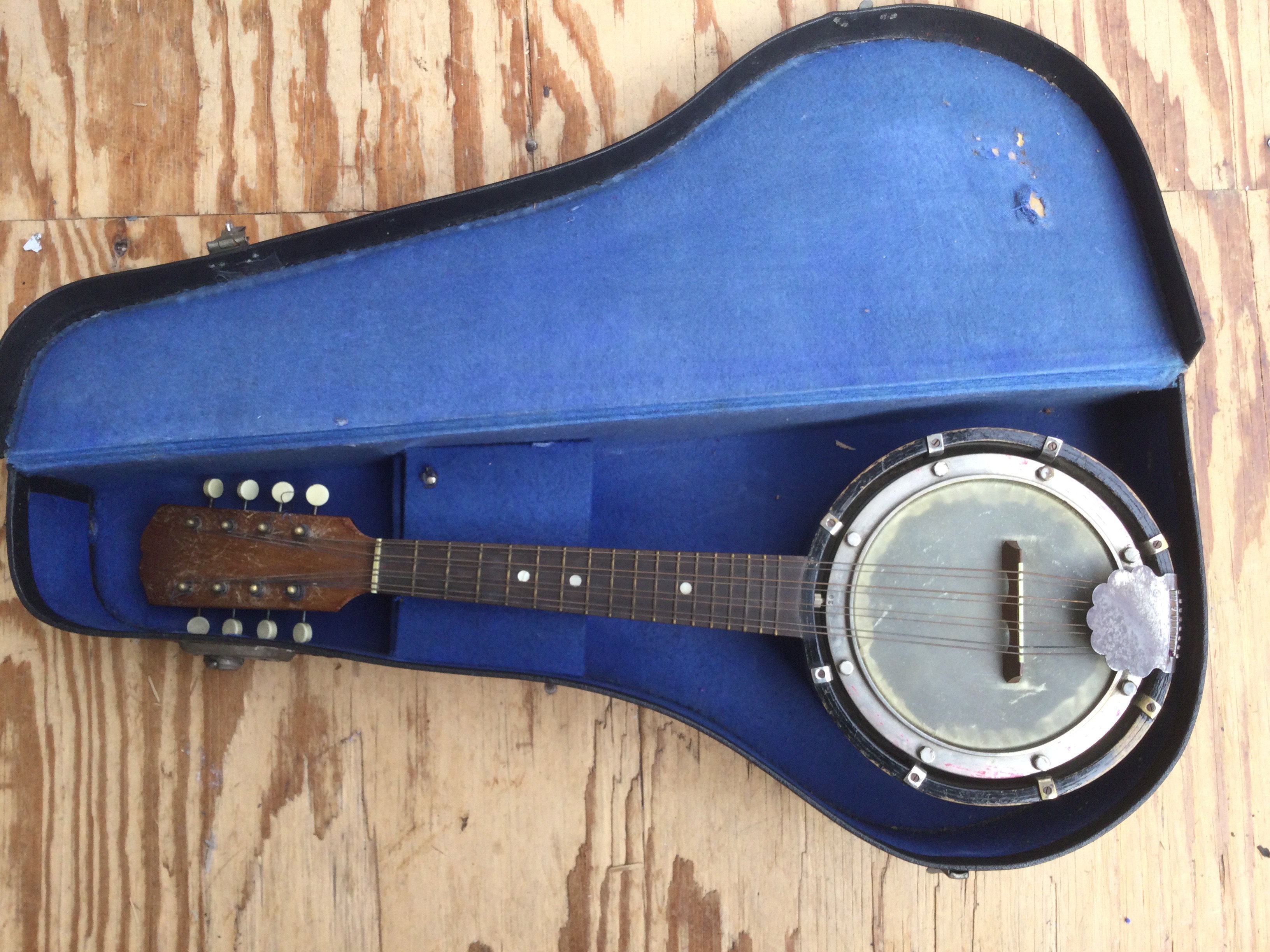 A cased eight string banjolin.