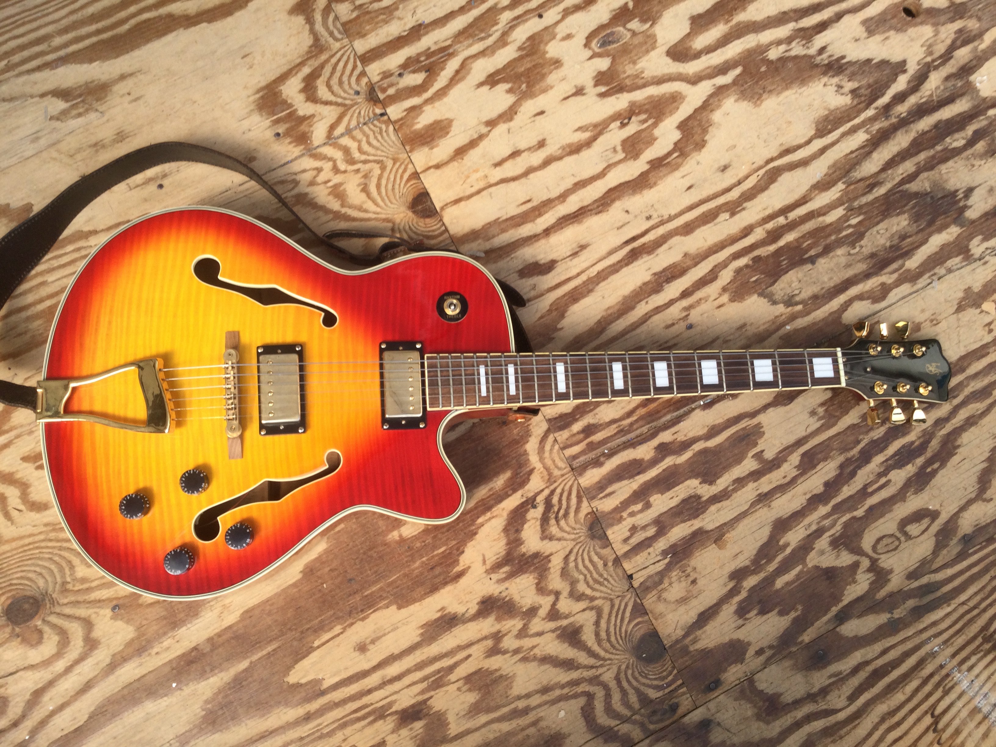 A WS electric jazz guitar. Comes with a soft carry case.