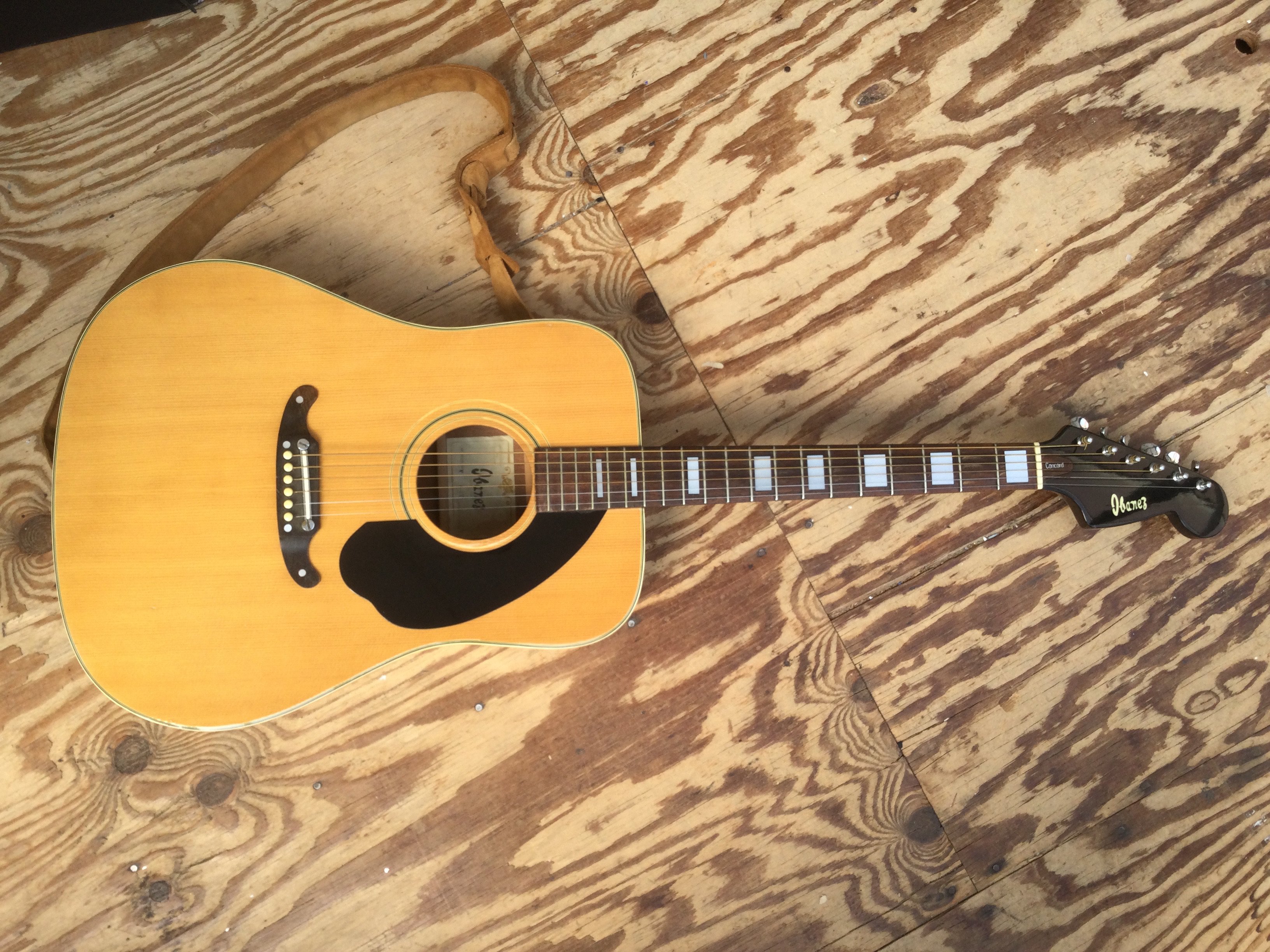An Ibanez Concord acoustic guitar. Comes with a hard carry case.