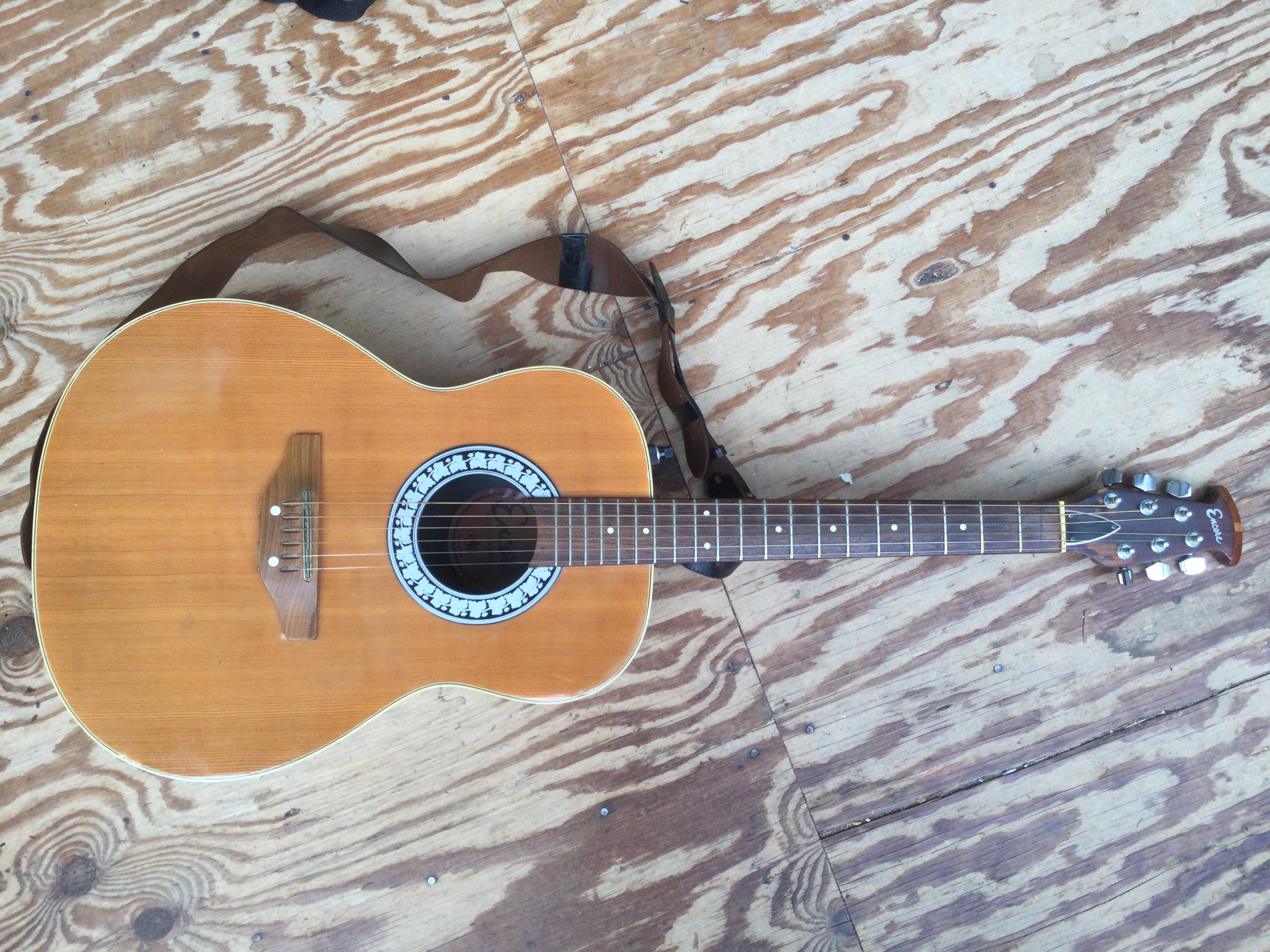 An Encore S ENC2 bowl back electro acoustic guitar. Comes with a soft carry case.