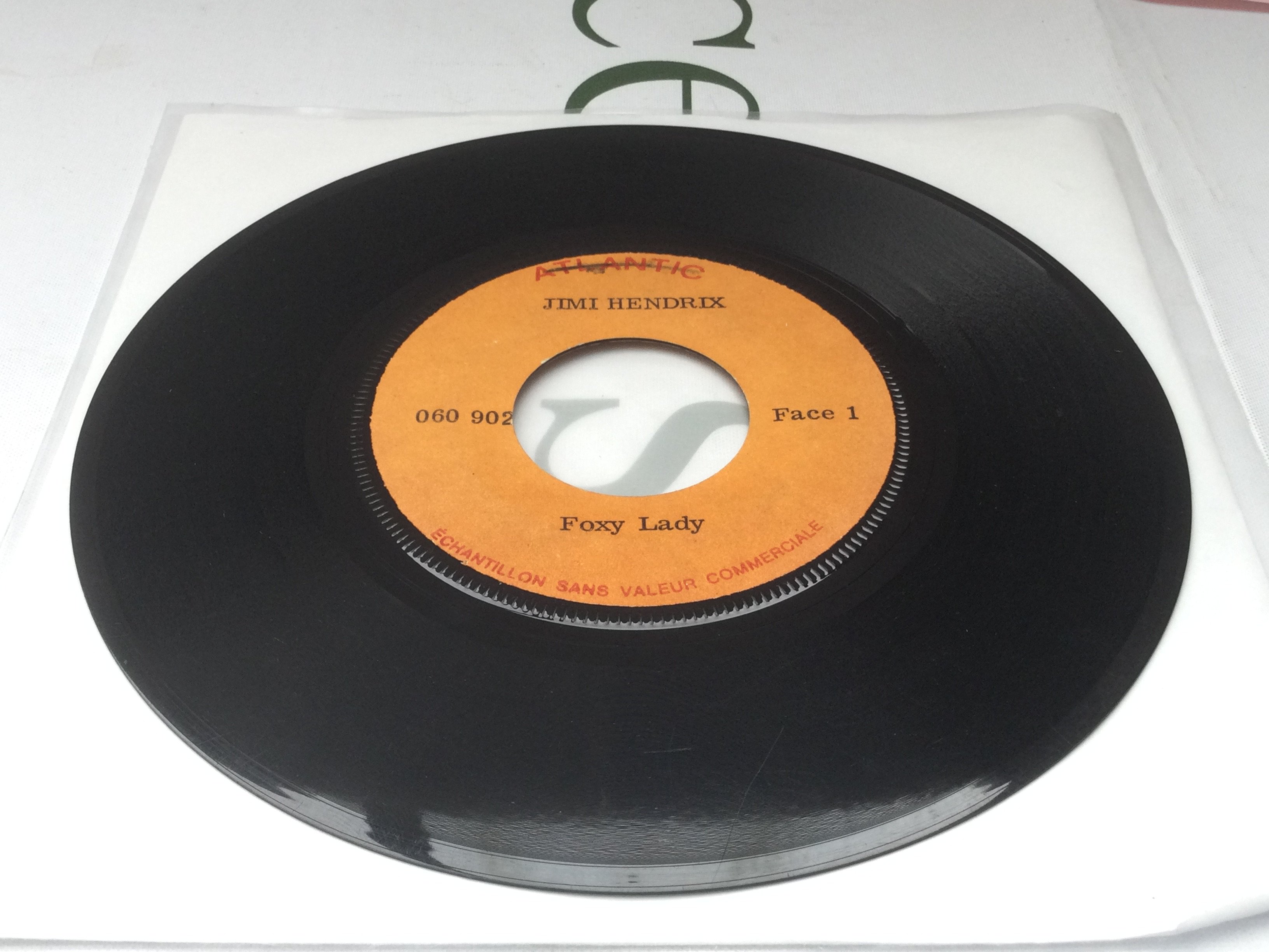 A rare French 7" test pressing for Foxy Lady b/w Bold As Love by Jimi Hendrix. One feelable scratch on each side.