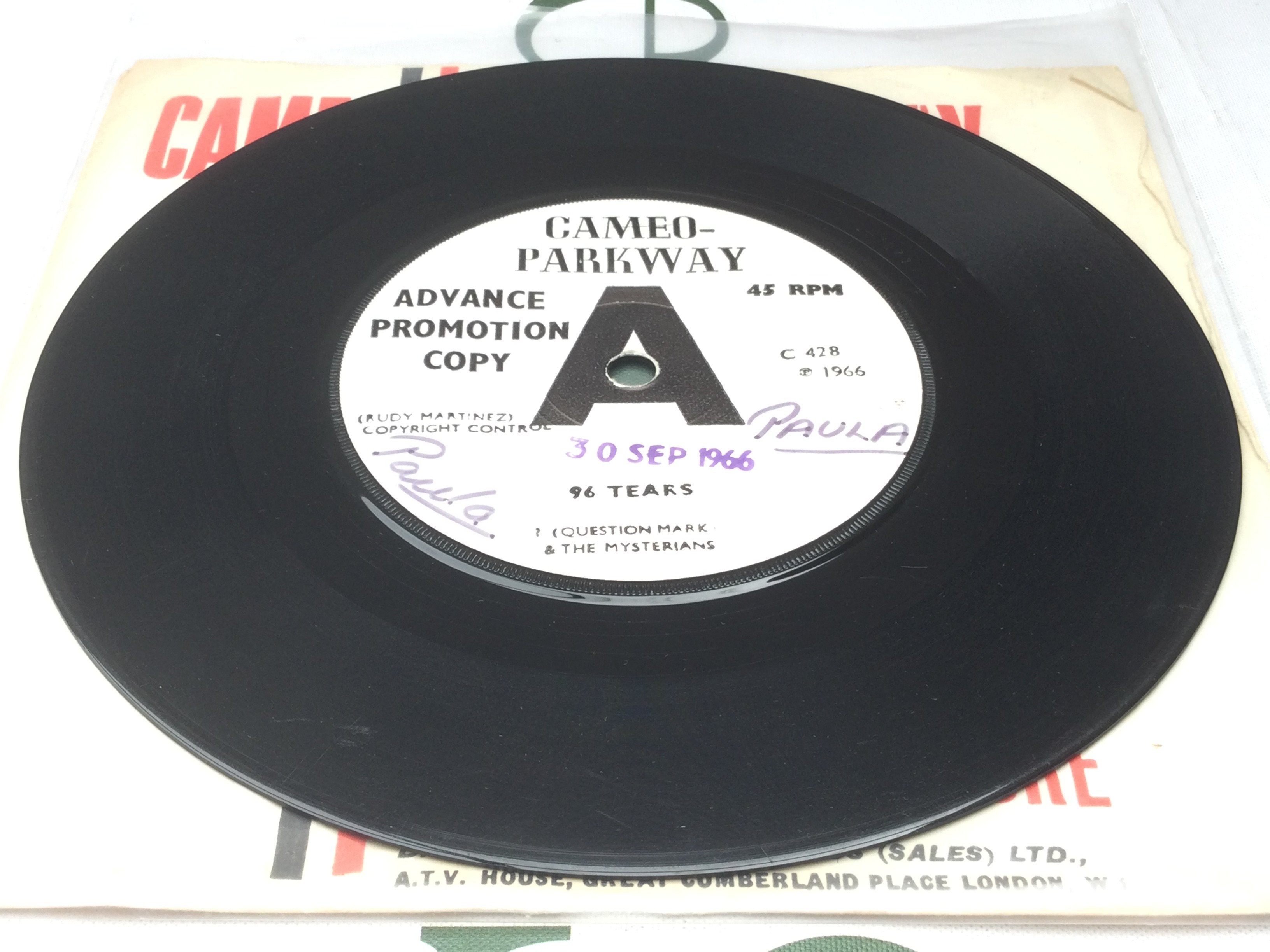 A 7" promo disc of 96 Tears by ? & The Mysterians. VG+.