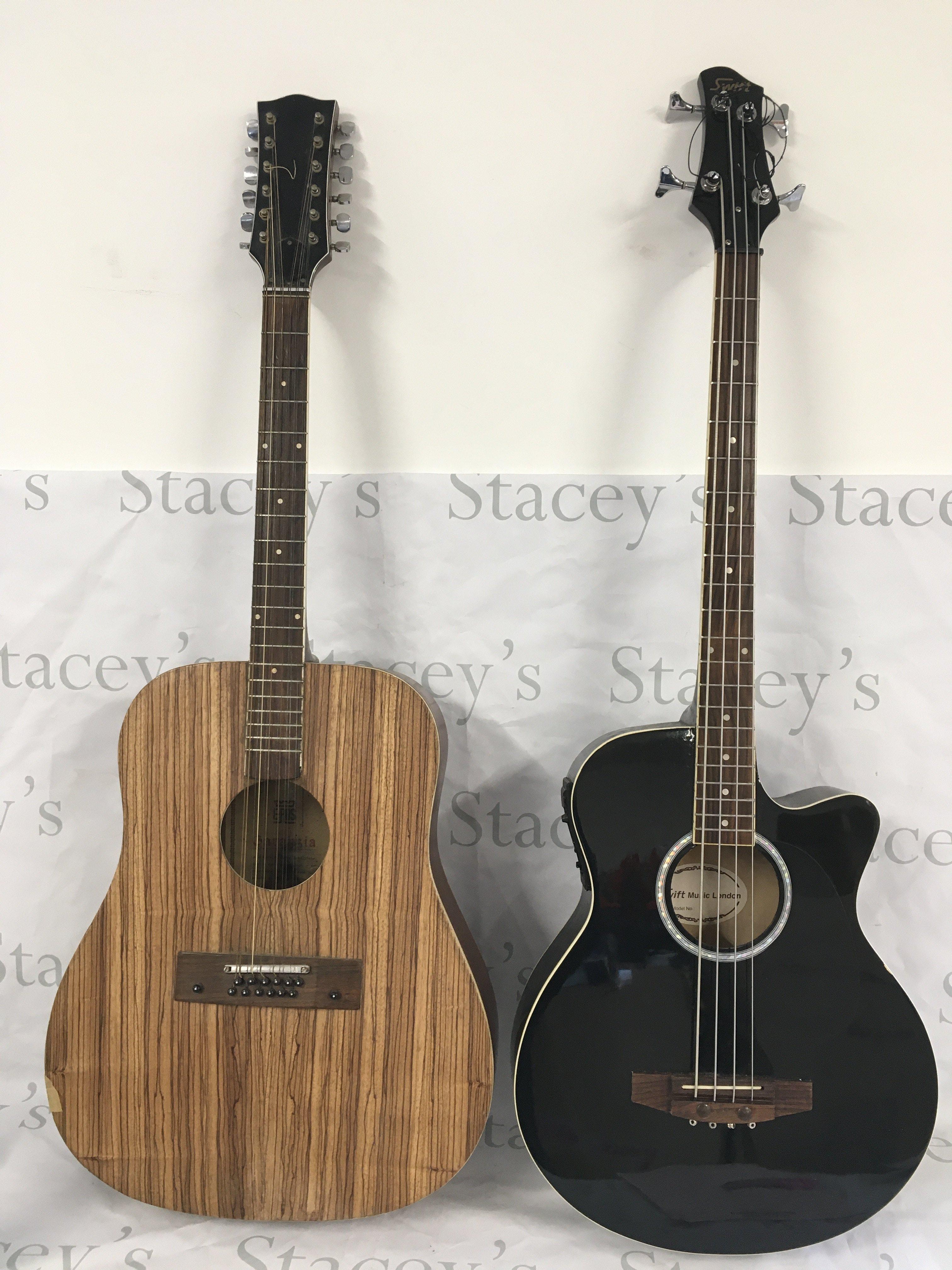 An Eros acoustic guitar and a Swift acoustic bass guitar. No cases.