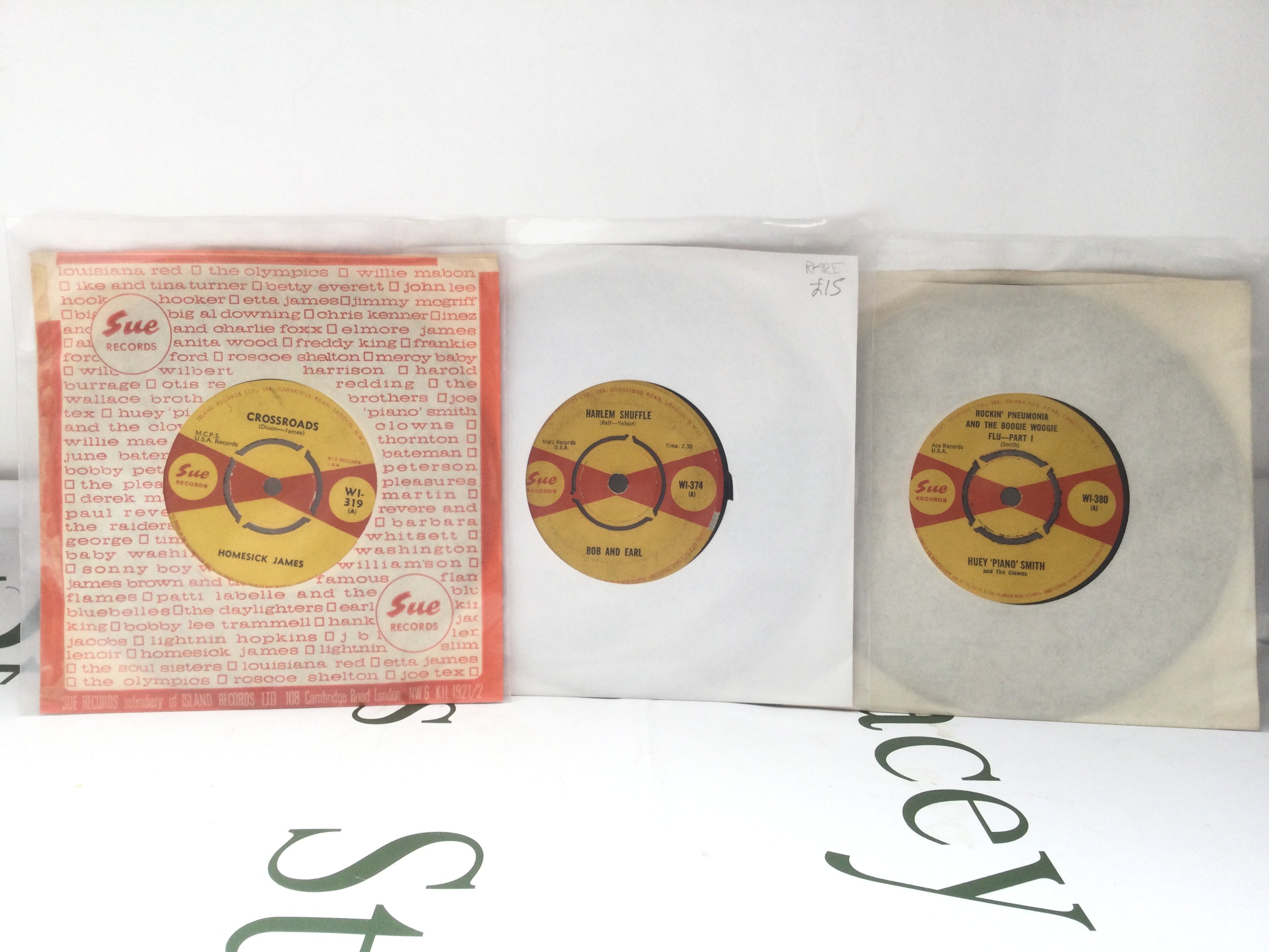 Three rare 7" singles on the Sue Records label by Homesick James, Bob and Earl and Huey 'Piano' Smith.