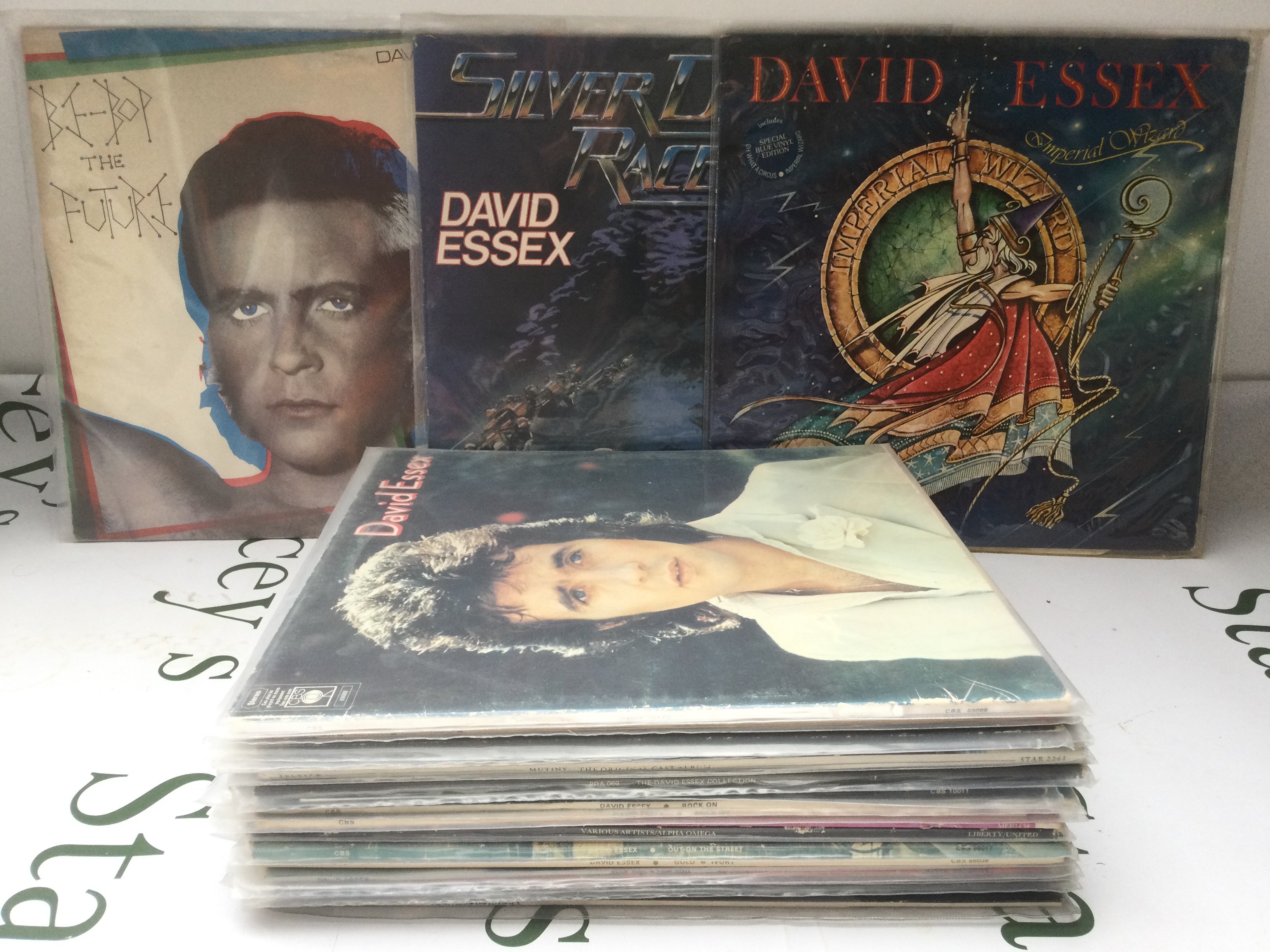 A bag and a box of David Essex LPs, 12" and 7" singles including promo discs and rare releases.