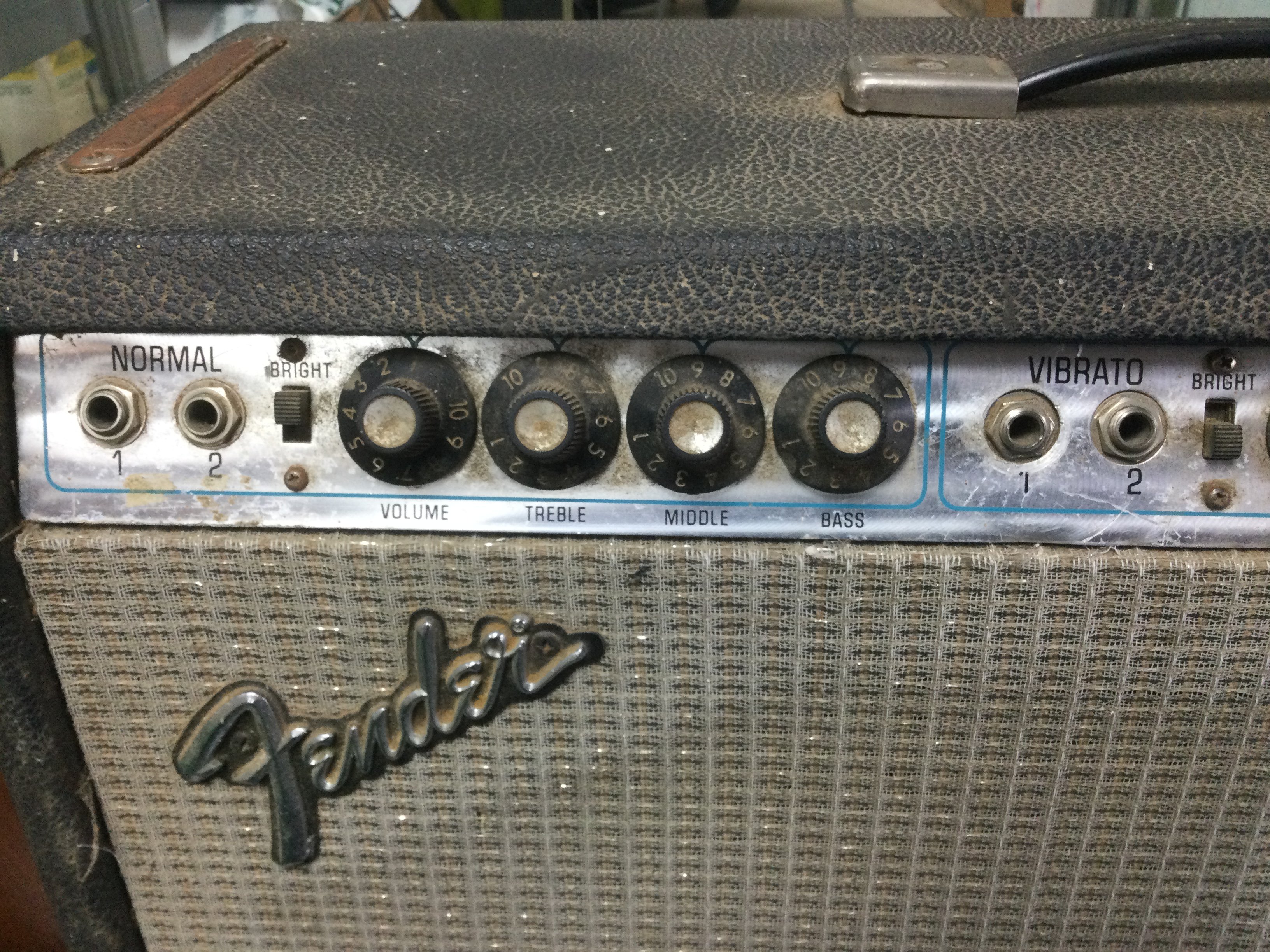 A vintage 'silverface' Fender Twin amplifier. Noisy Master Volume pot. First date number on transformer illegible.