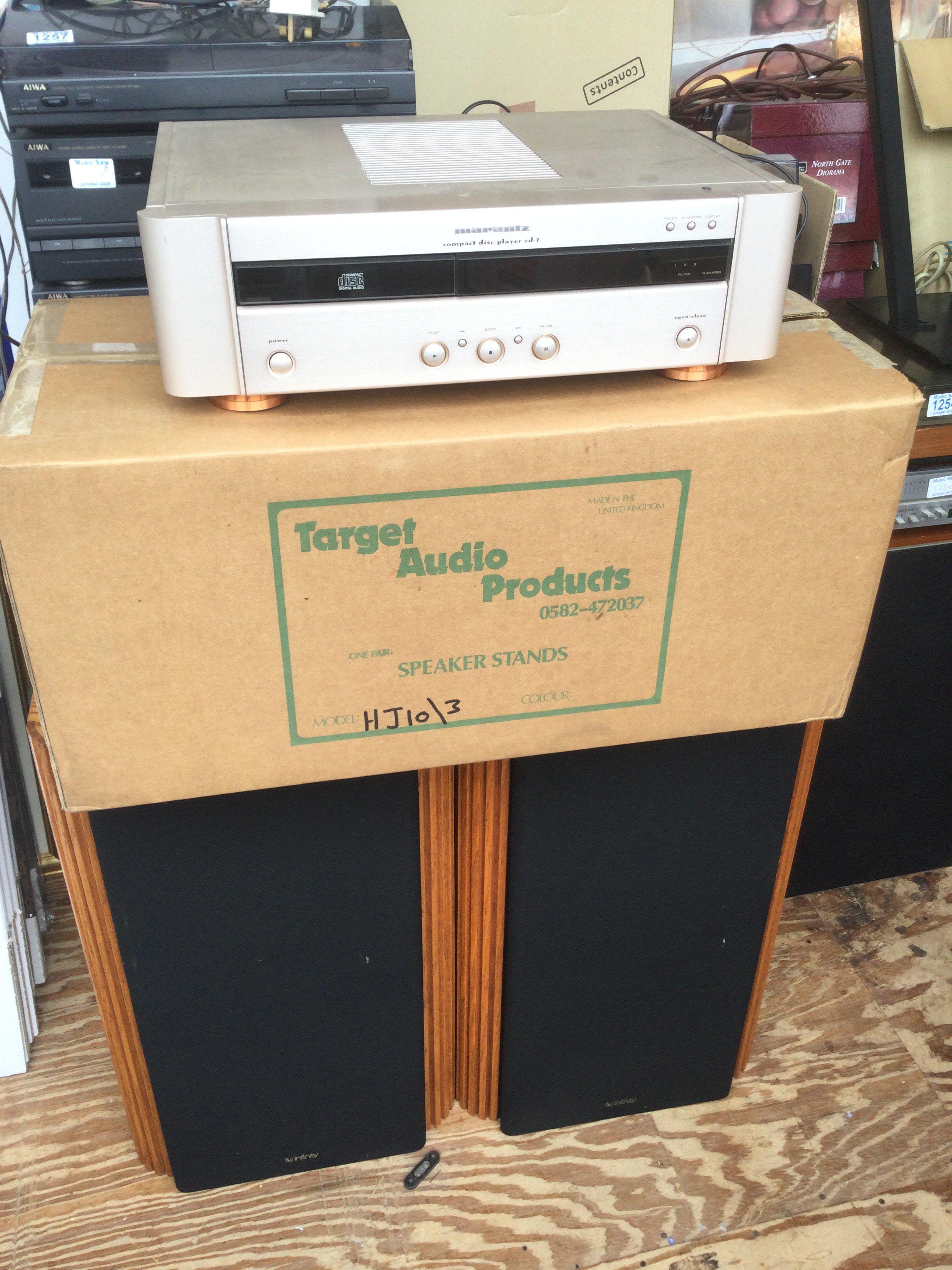 A Marantz CD-7 CD player, a pair of floor standing Infinity speakers (damaged cones) and a boxed pair of Target Audio speaker stands (4).
