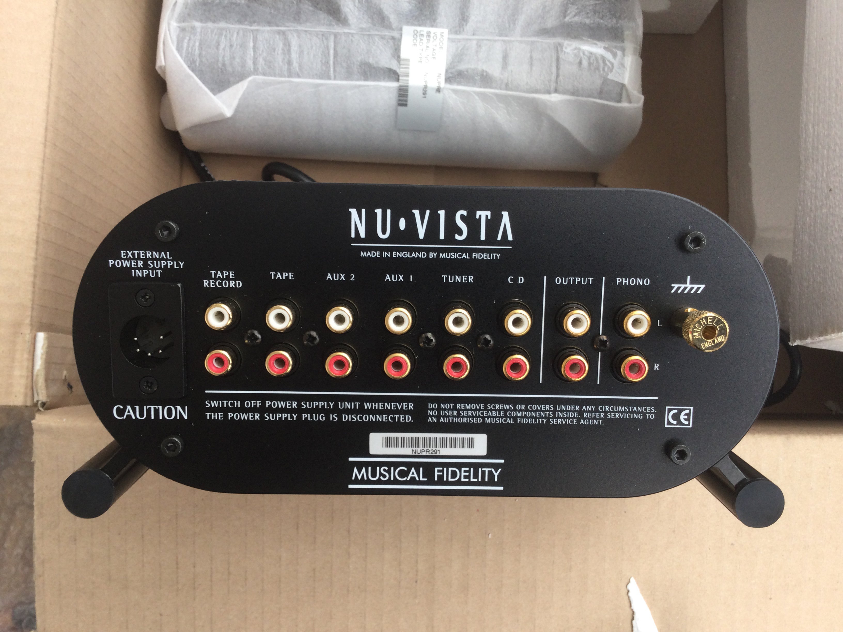 A boxed and as new Nu Vista Musical Fidelity integrated valve amplifier with cables and manual.