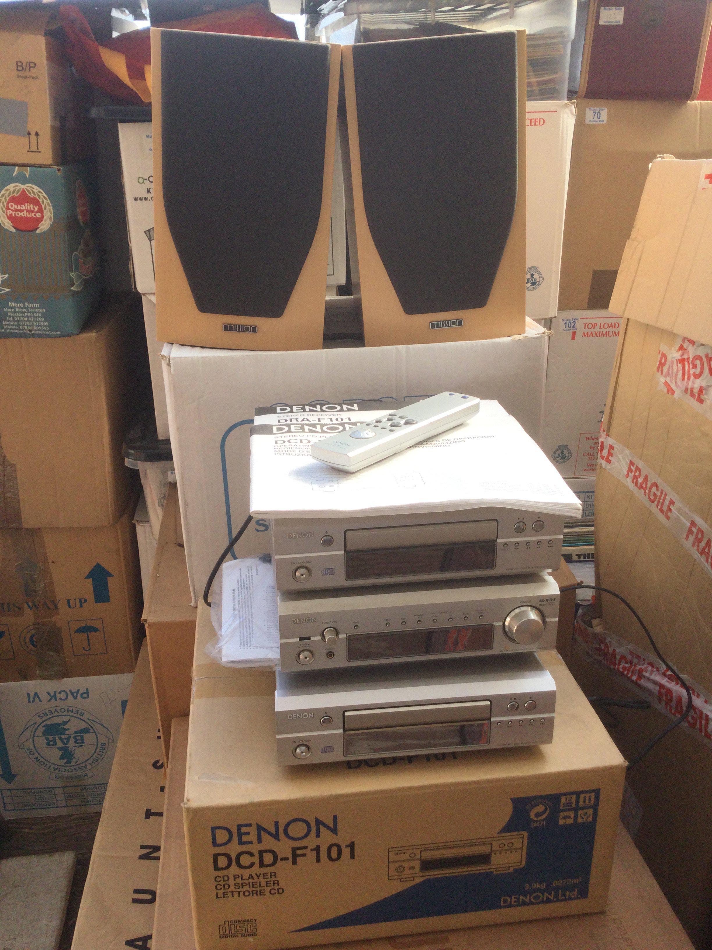 A boxed Denon CD player plus one other, a Denon amp and a pair of Mission bookshelf speakers. Comes with manuals, remote control etc.