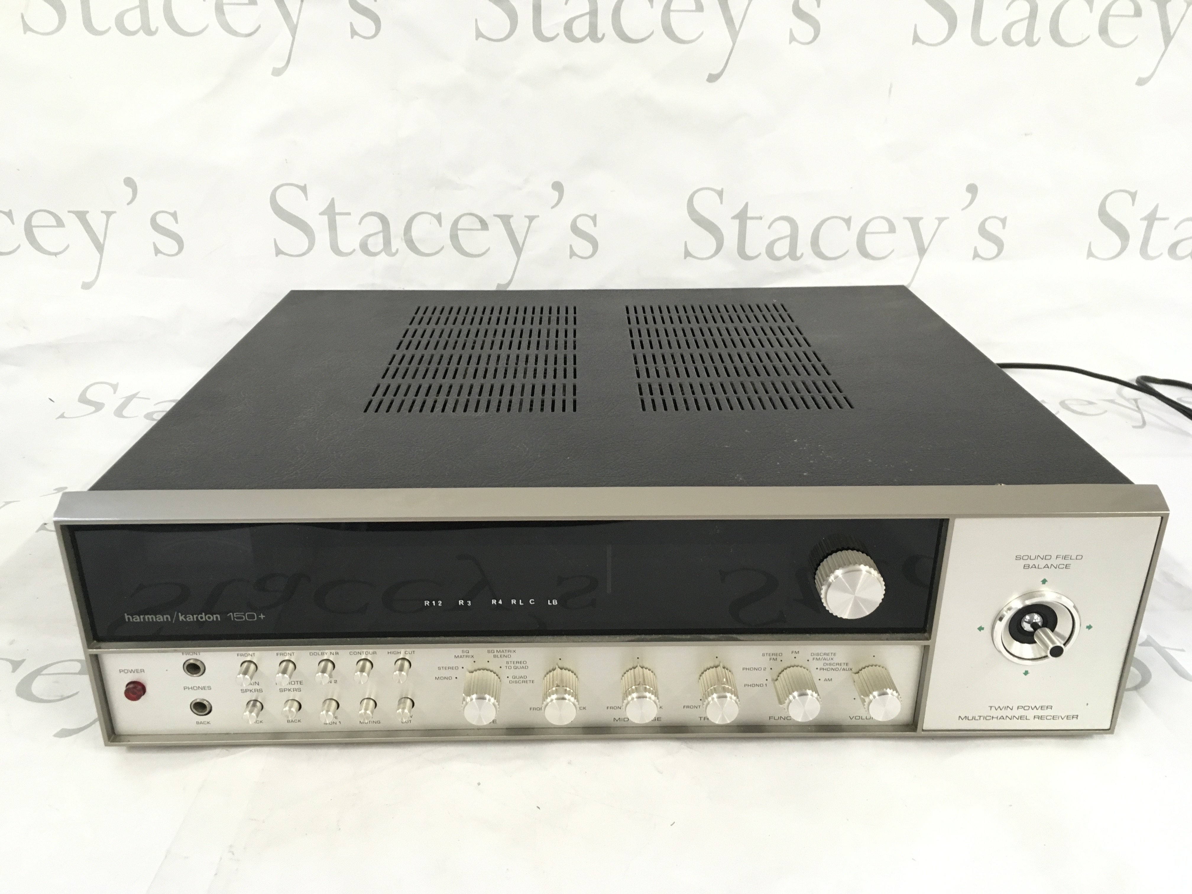 A boxed Harmon Kardon 150+ multichannel receiver. Comes with operating manuals and booklets.