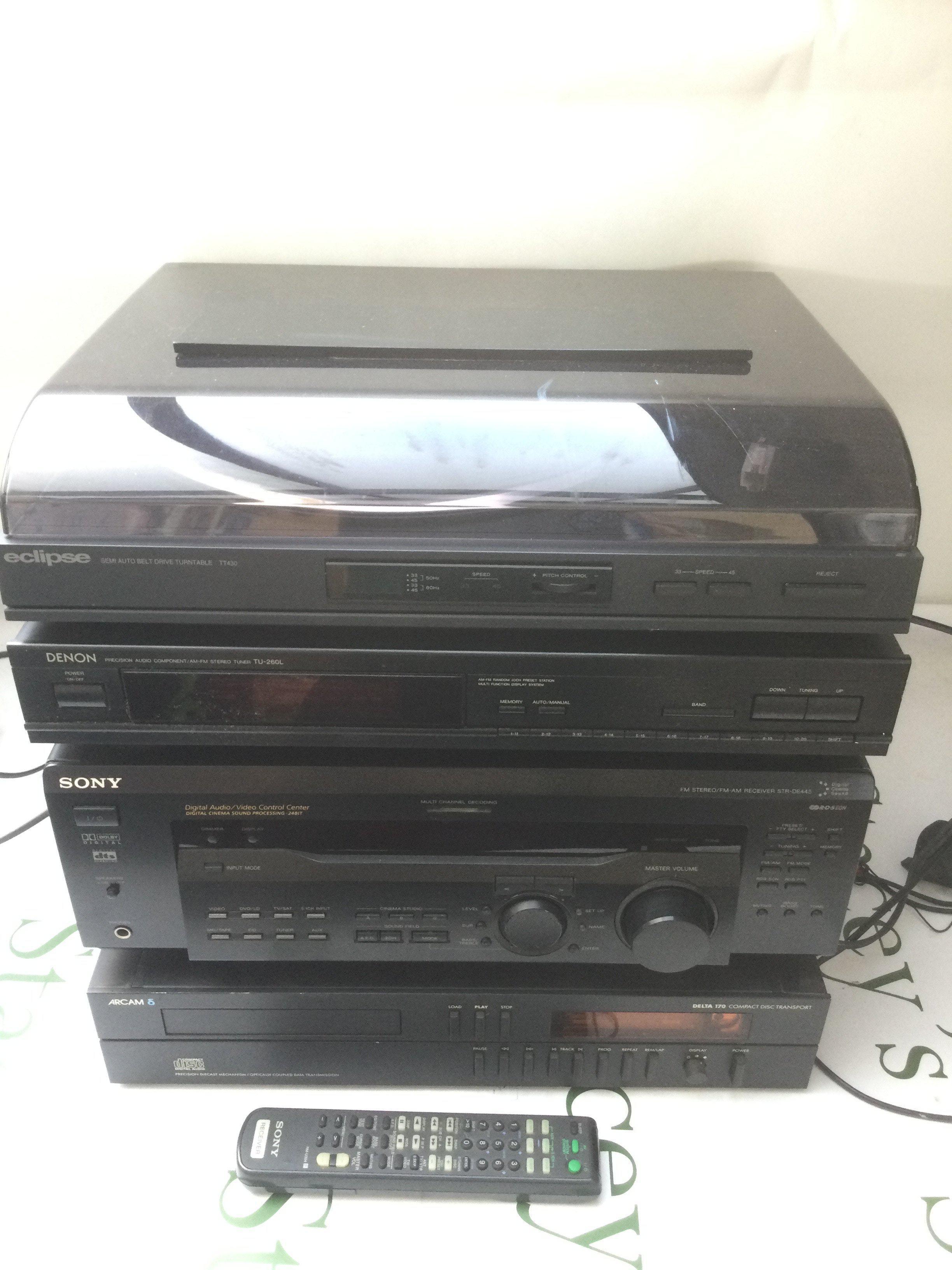 A collection of HiFi separates comprising a Sony STR-DE445 audio/video amplifier with remote control, Arcam Delta 170 CD player, Denon TU-260L tuner and an Eclipse TT430 turntable. Mostly with original boxes.