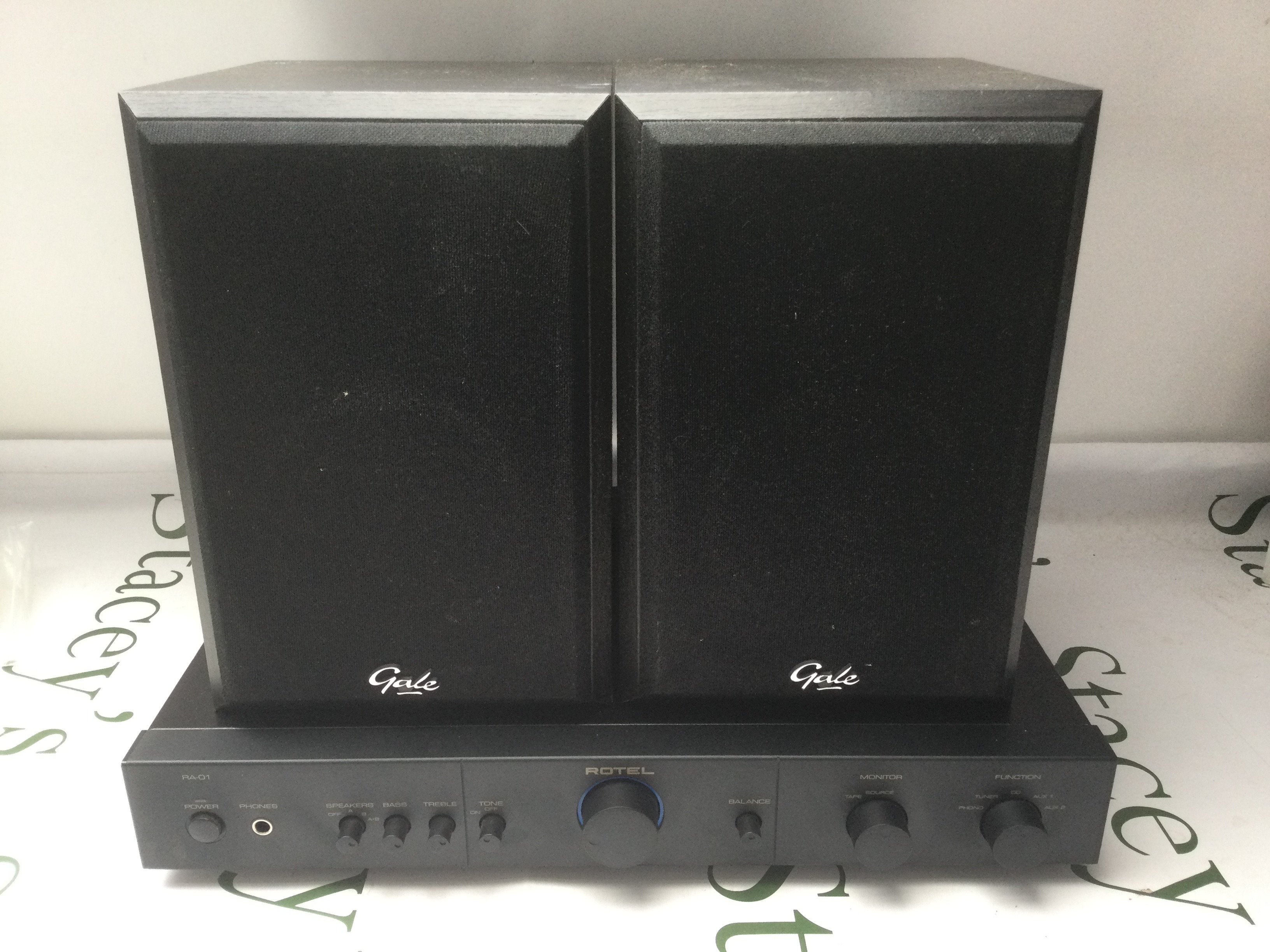 A Rotel RA01 amplifier and a pair of bookshelf speakers (3).