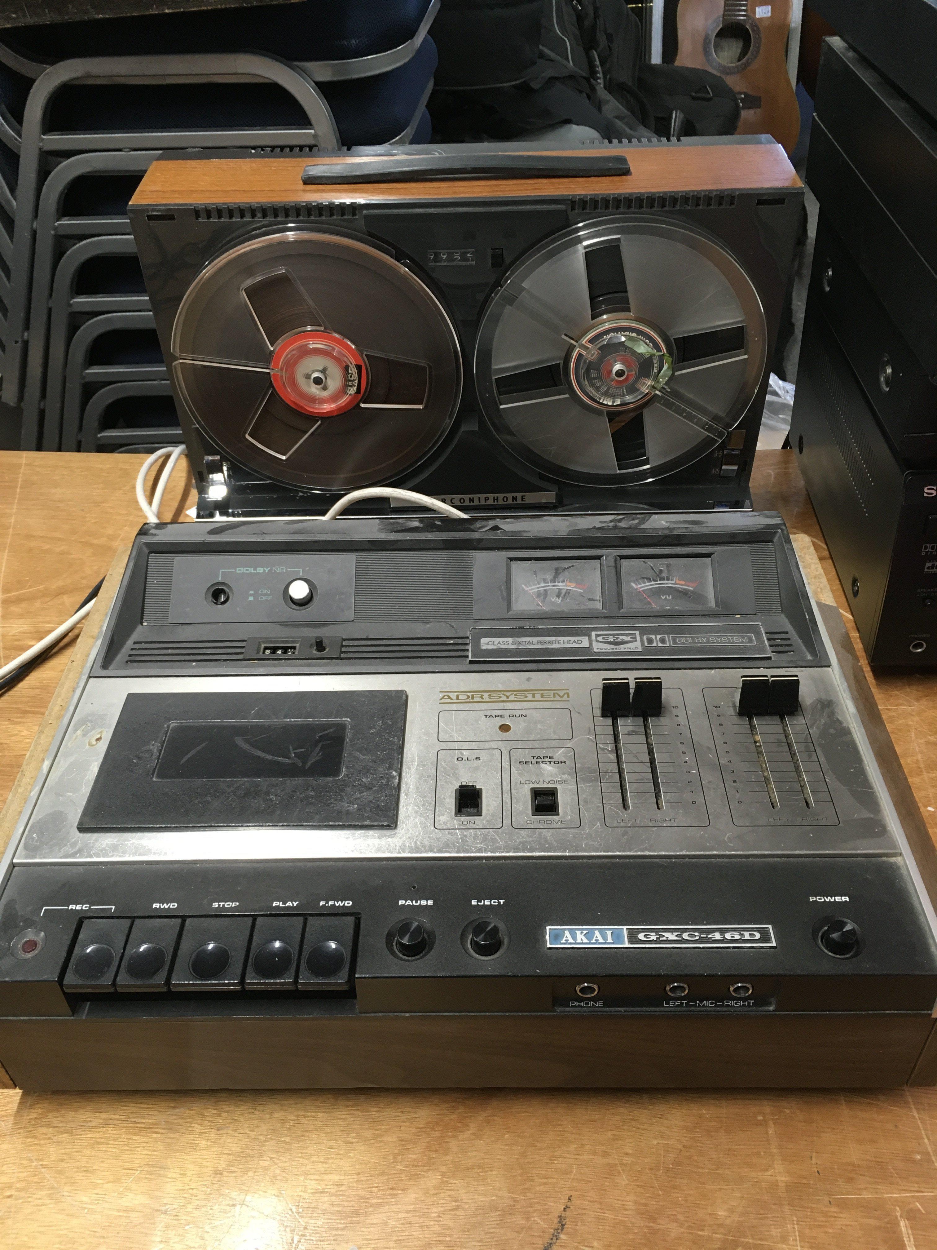A Marconiphone reel to reel machine and a vintage Akai GXC-46D stereo tape deck (2).