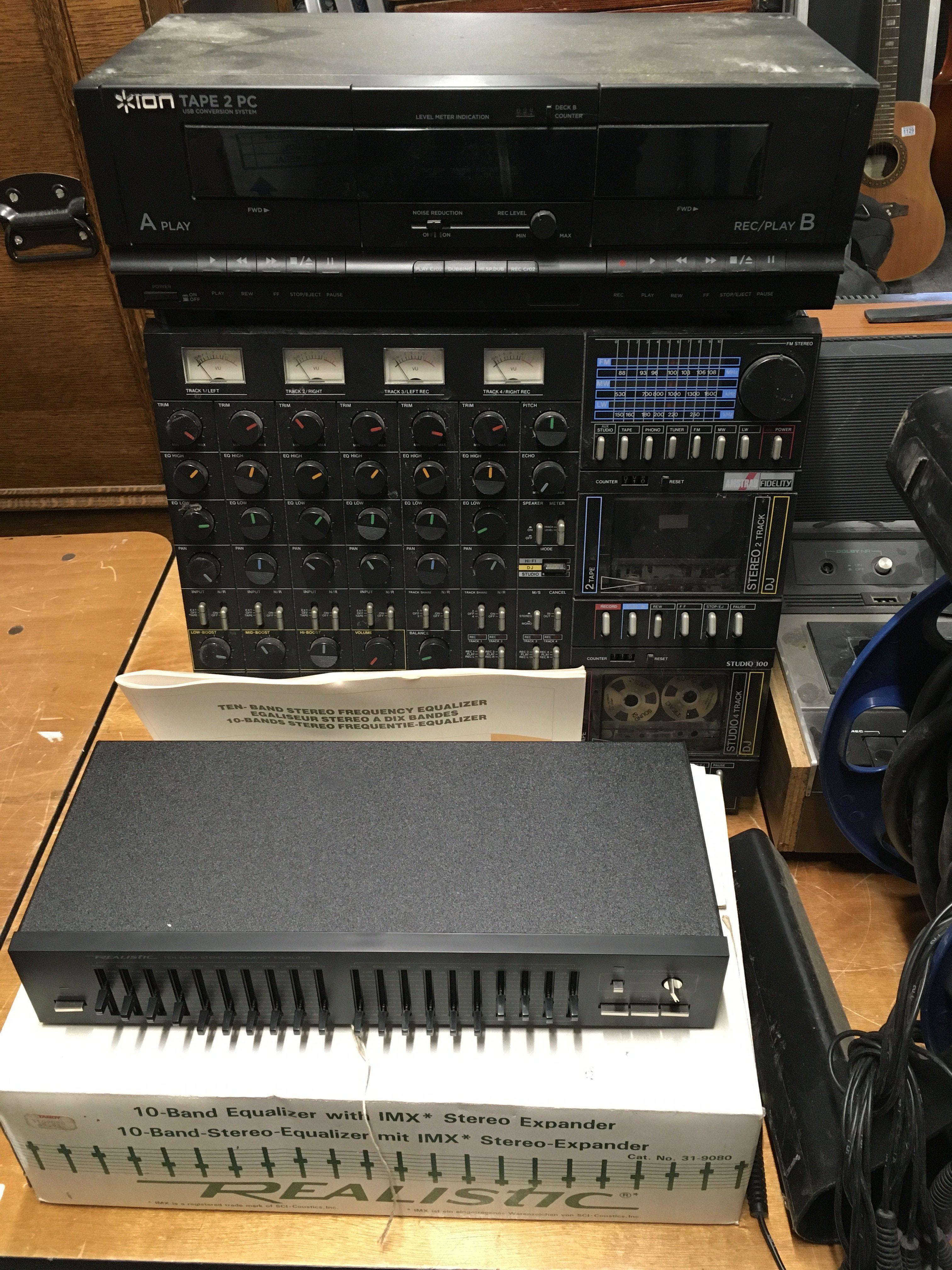A vintage Amstrad Fidelity Studio 100 system, an Ion tape 2 PC unit, a boxed Realistic ten band equaliser and a reel of studio cables.
