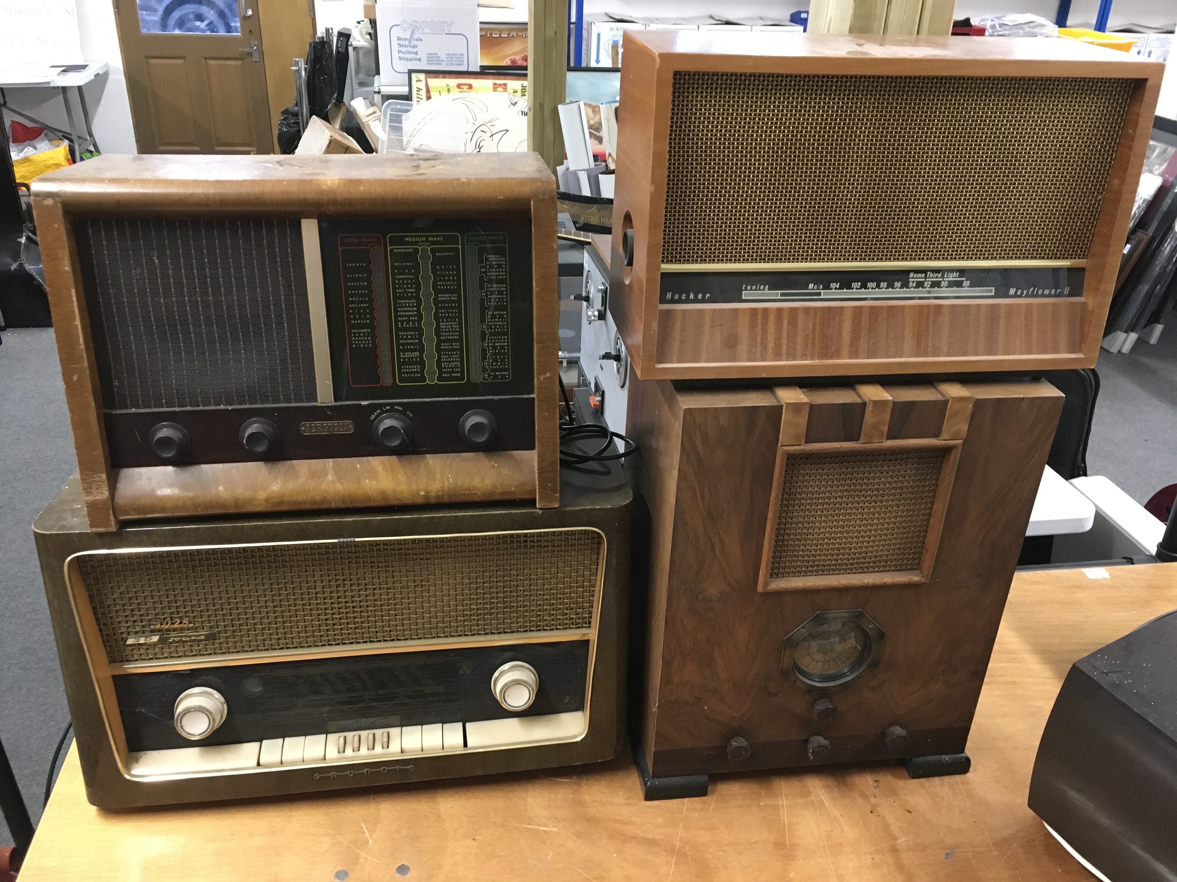 Six circa 1930s and later vintage radios.