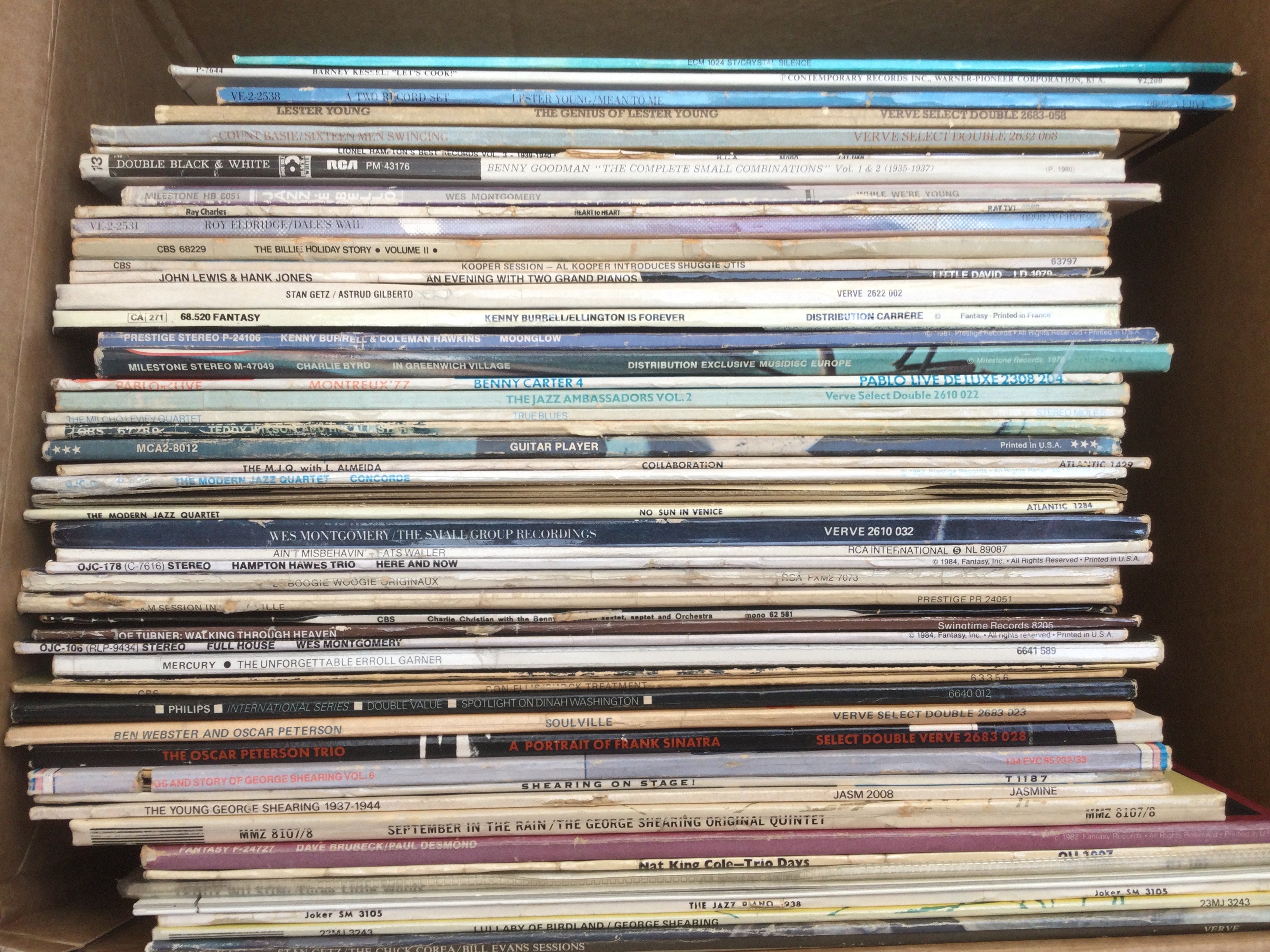 Two boxes of jazz LPs by various artists including Stan Getz, Lester Young, Charlie Byrd and many more.